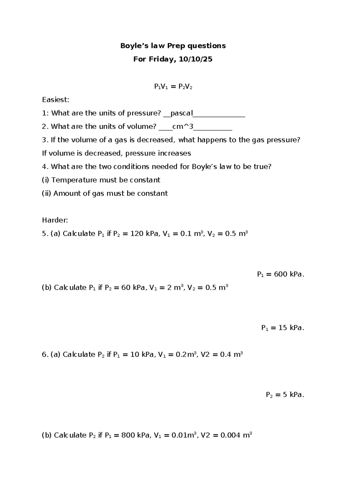 Boyle's Law Prep Questions for Friday, P1V1 P2V2 - Studocu