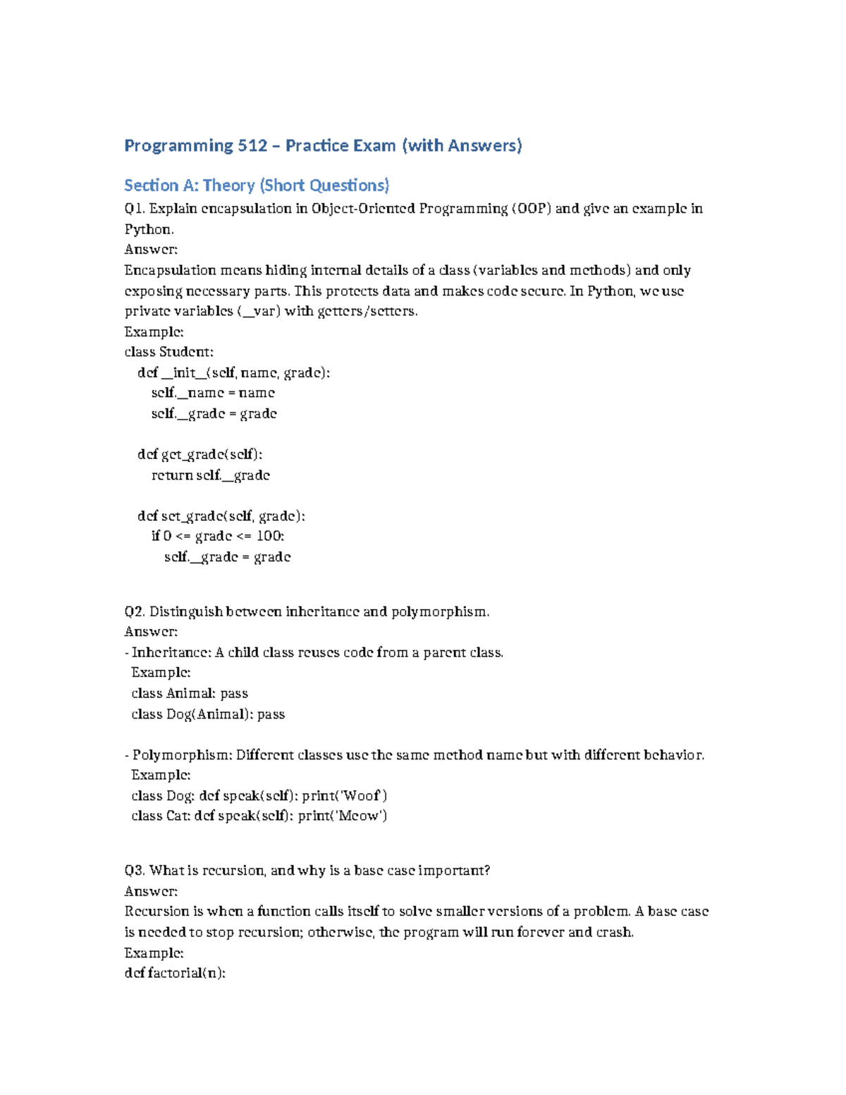 Programming 512 Practice Exam: Theory & Practical Questions - Studocu