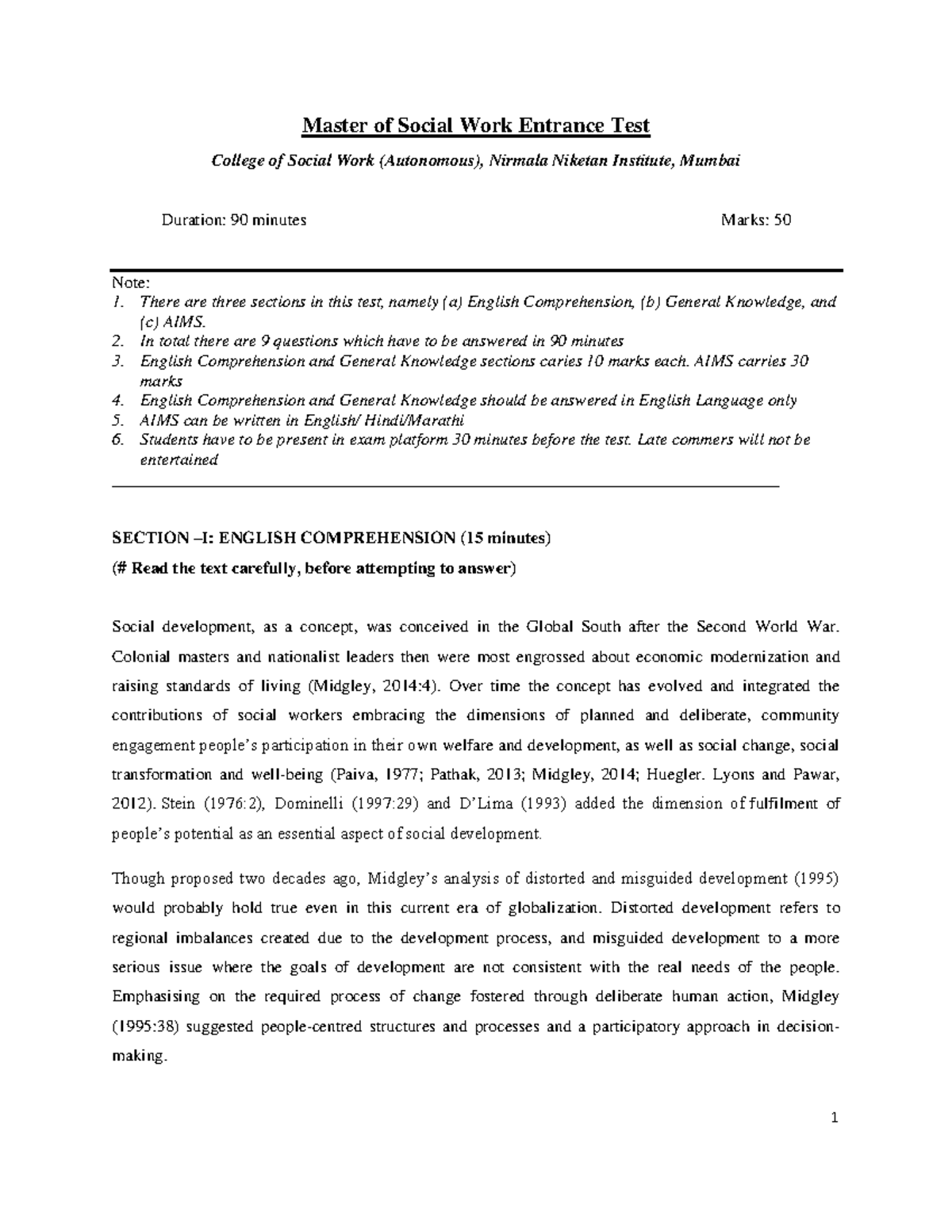 Entrance Test Model Paper for MSW Admission - College of Social Work ...