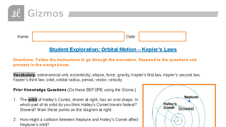 Copy of SE: Orbital Motion Laws Exploration - Studocu
