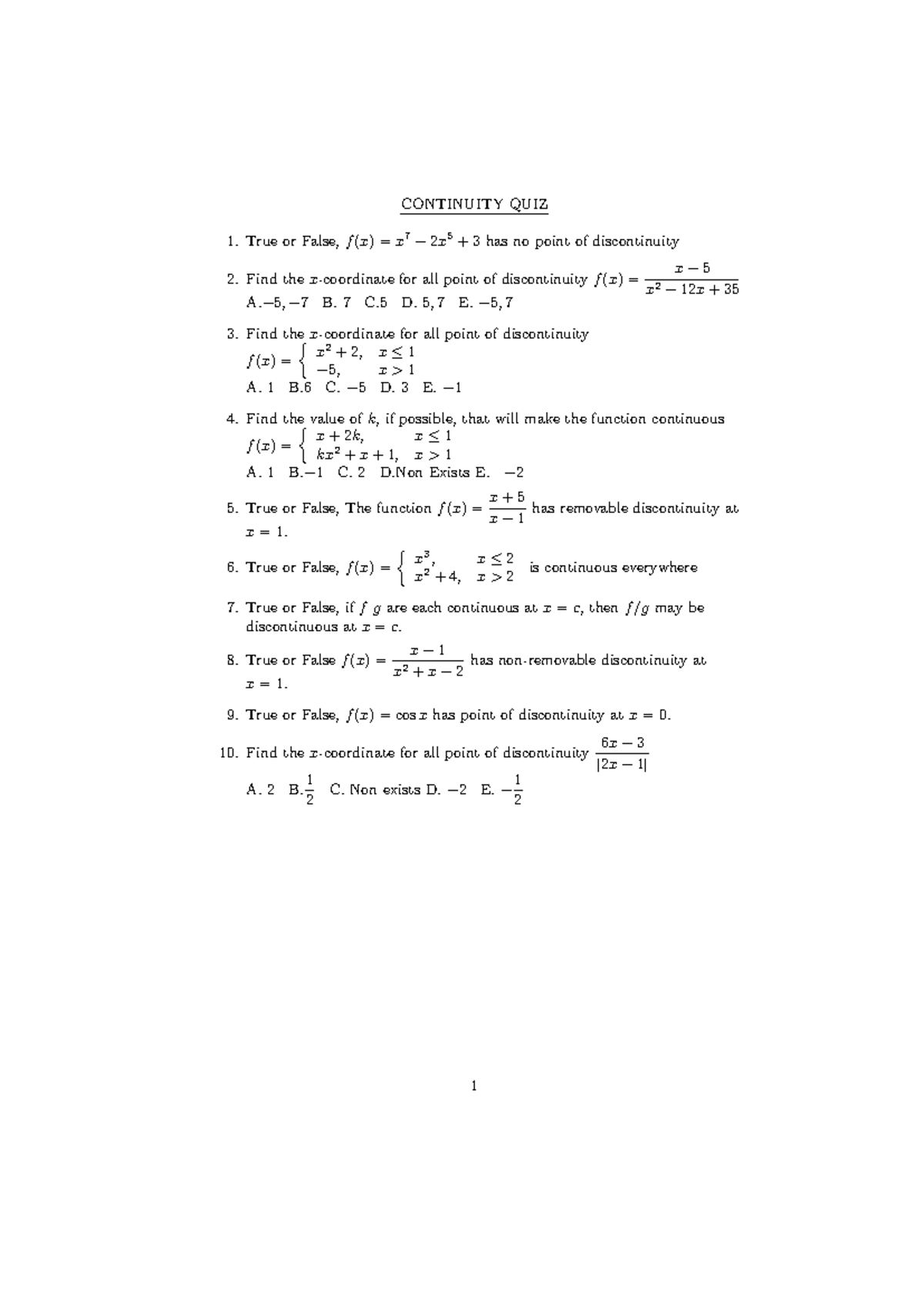 Continuity Quiz 1 - Revision Materials for Math 101 - Studocu