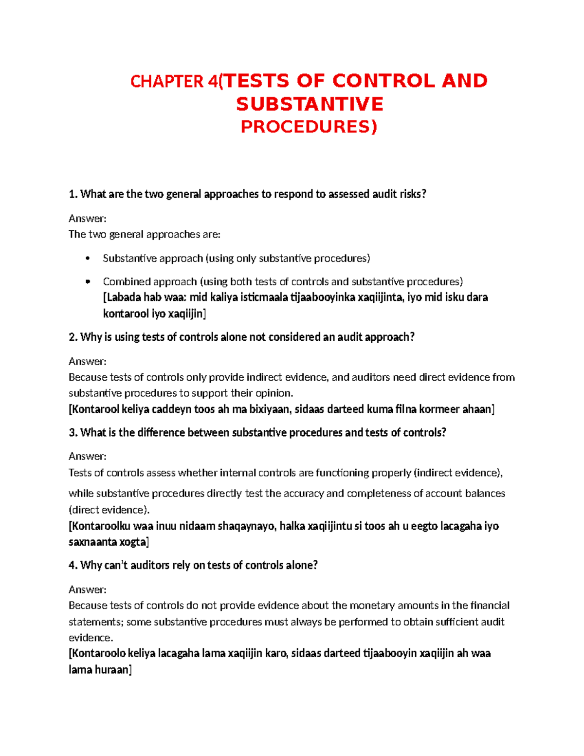 Audit CH 45679 Questions: Tests of Control & Substantive Procedures ...