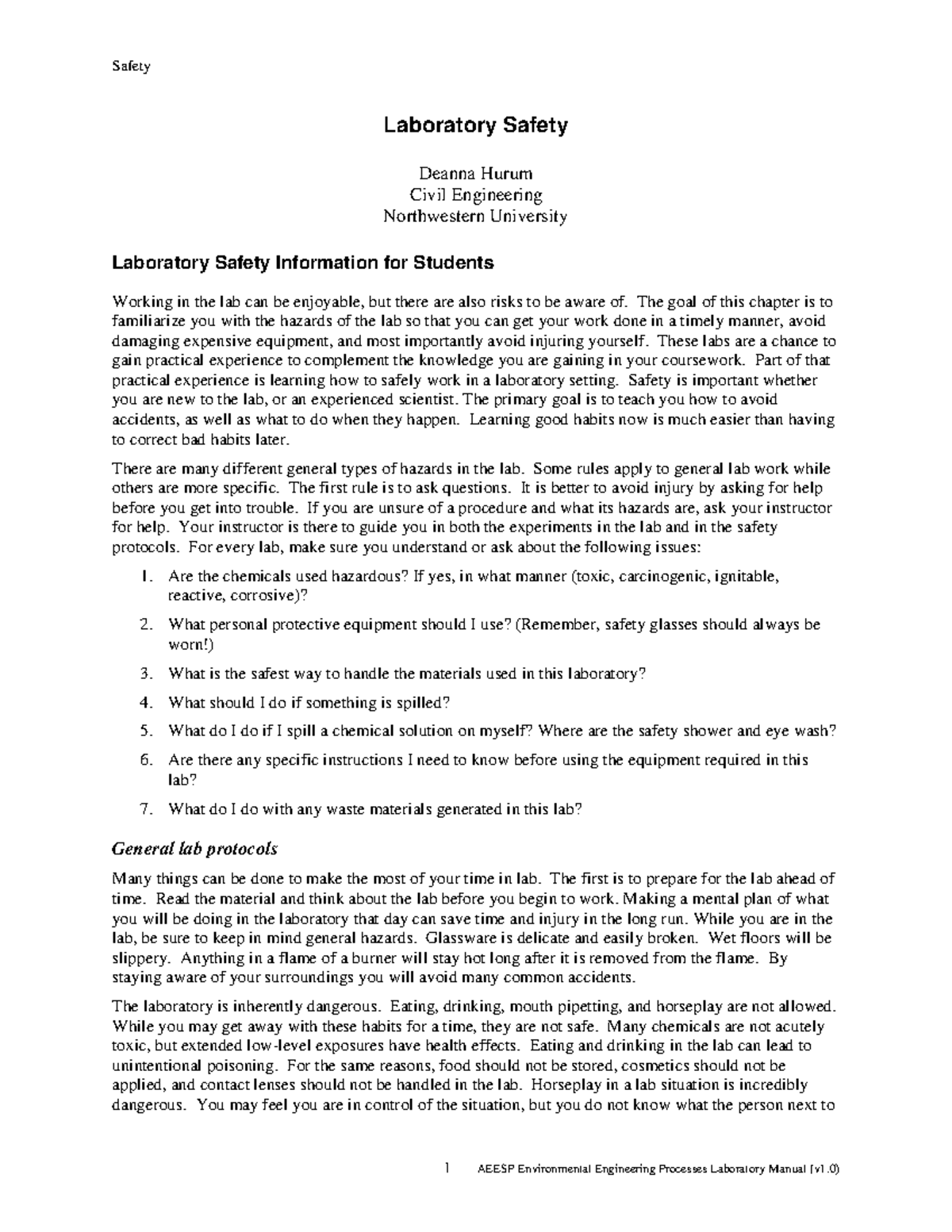 Aeesp-safety-notes - SAFETY GUIDES - Laboratory Safety Deanna Hurum ...