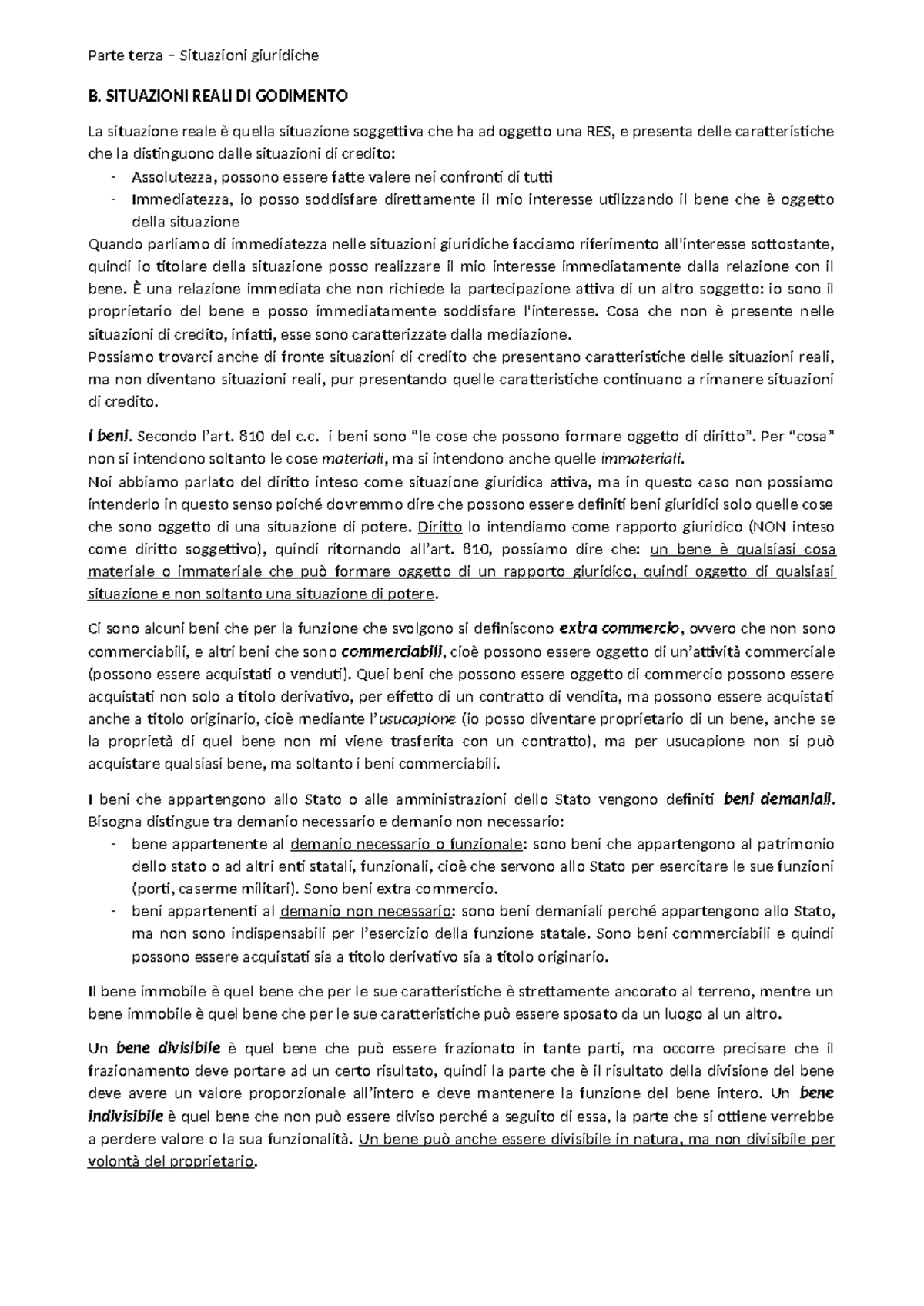 Appunti - Parte Terza: Situazioni Reali di Godimento e Possesso - Studocu