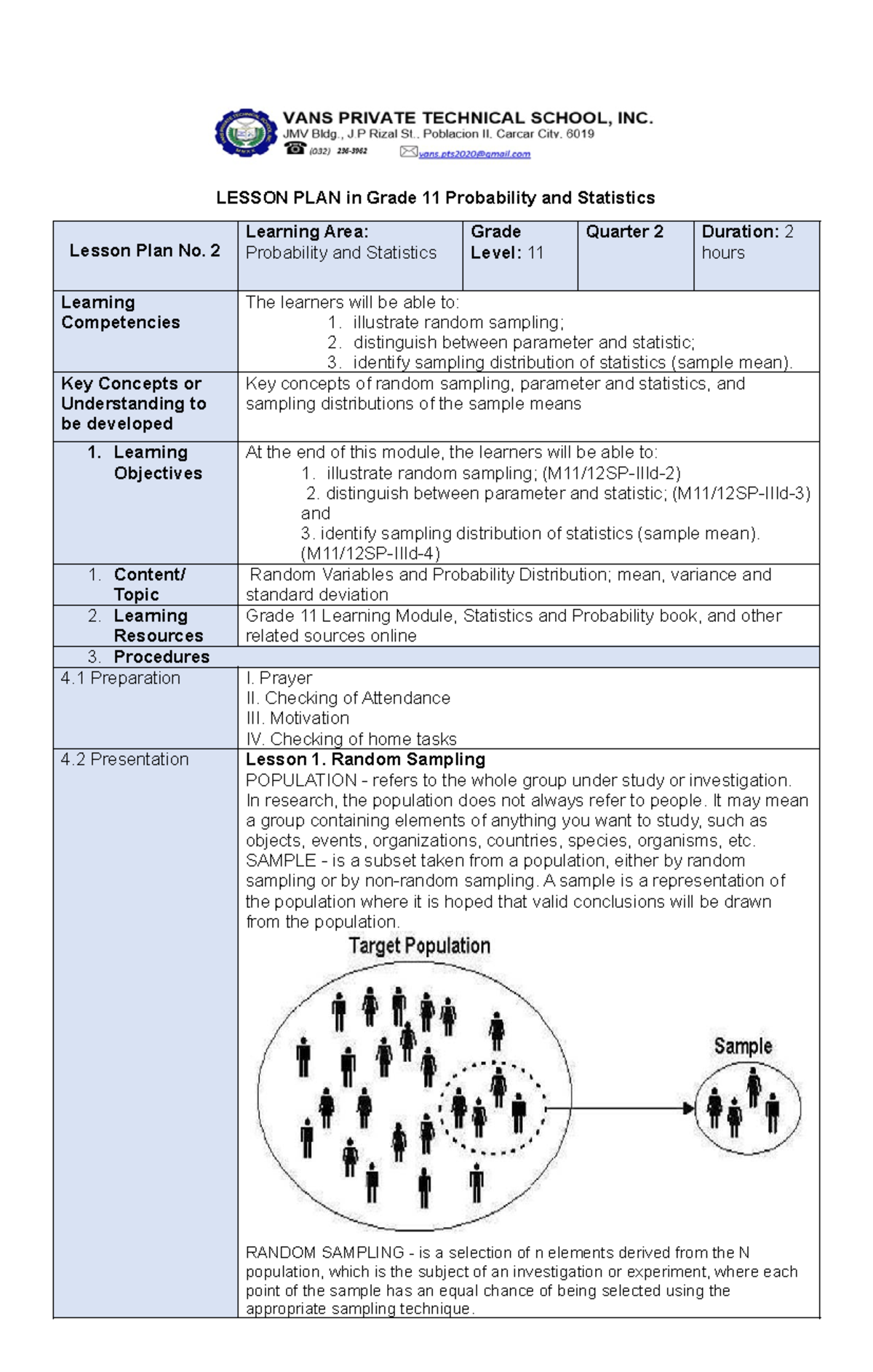 Grade 11 Probability & Statistics Lesson Plan 4: Random Sampling - Studocu