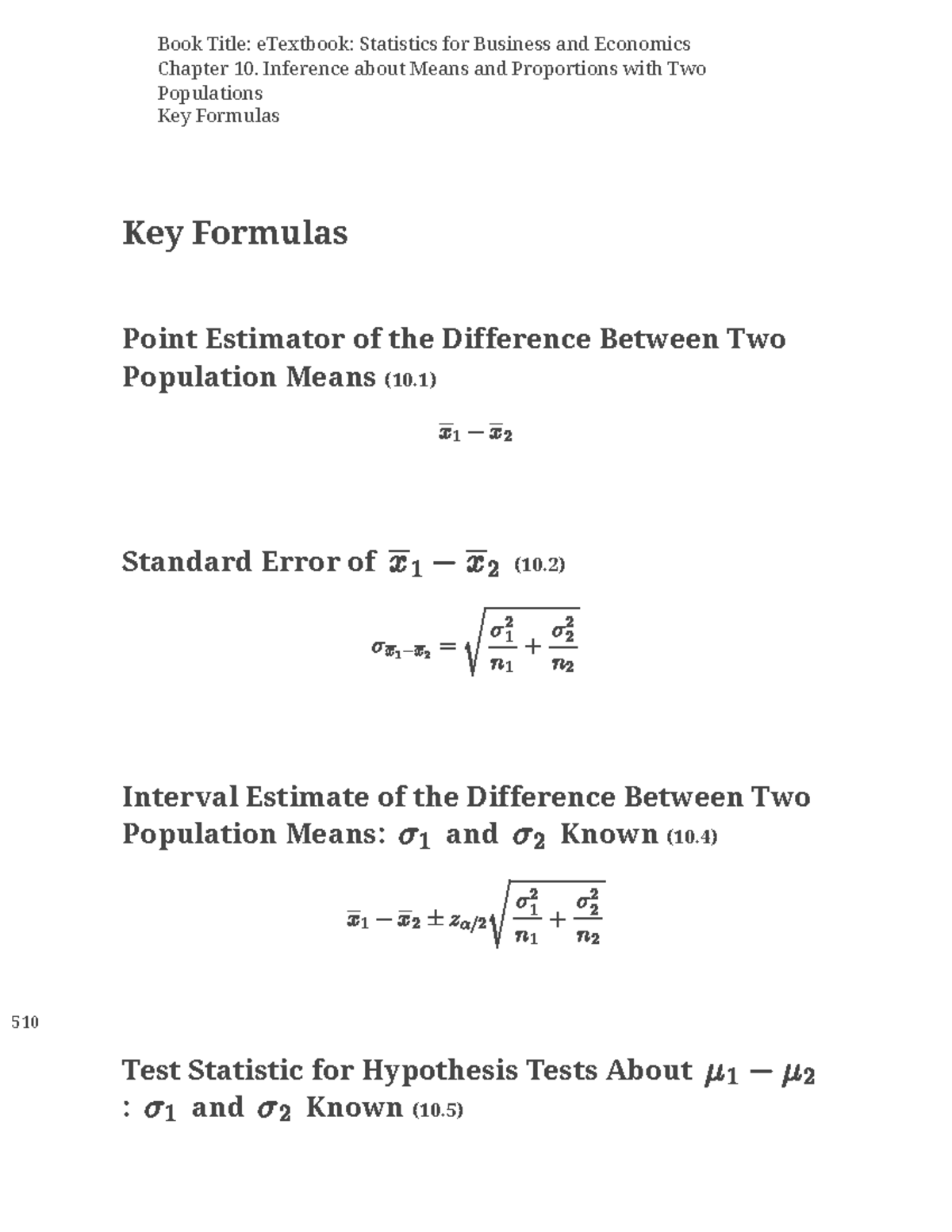 Statistics for Business and Economics: Ch. 10 Key Formulas Overview ...