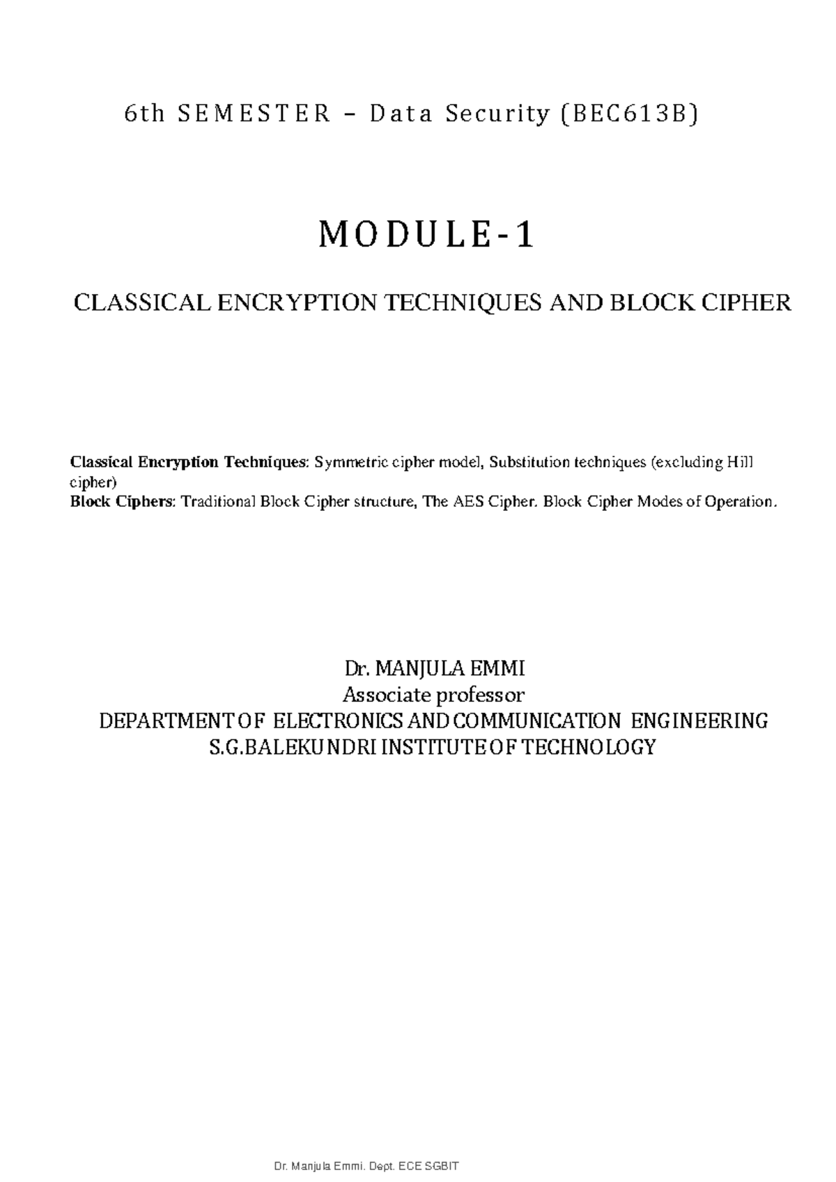 BEC613B Data Security: Classical Encryption Techniques Notes - Studocu