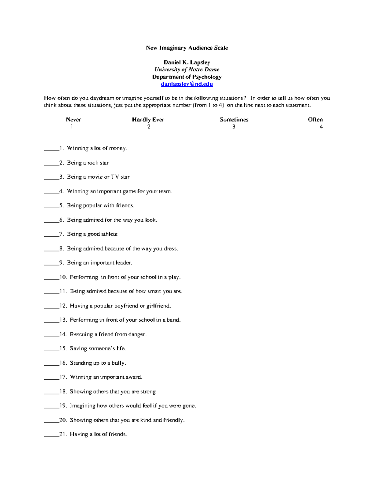 New Imaginary Audience Scale: Assessment Tool for Daydreaming - Studocu