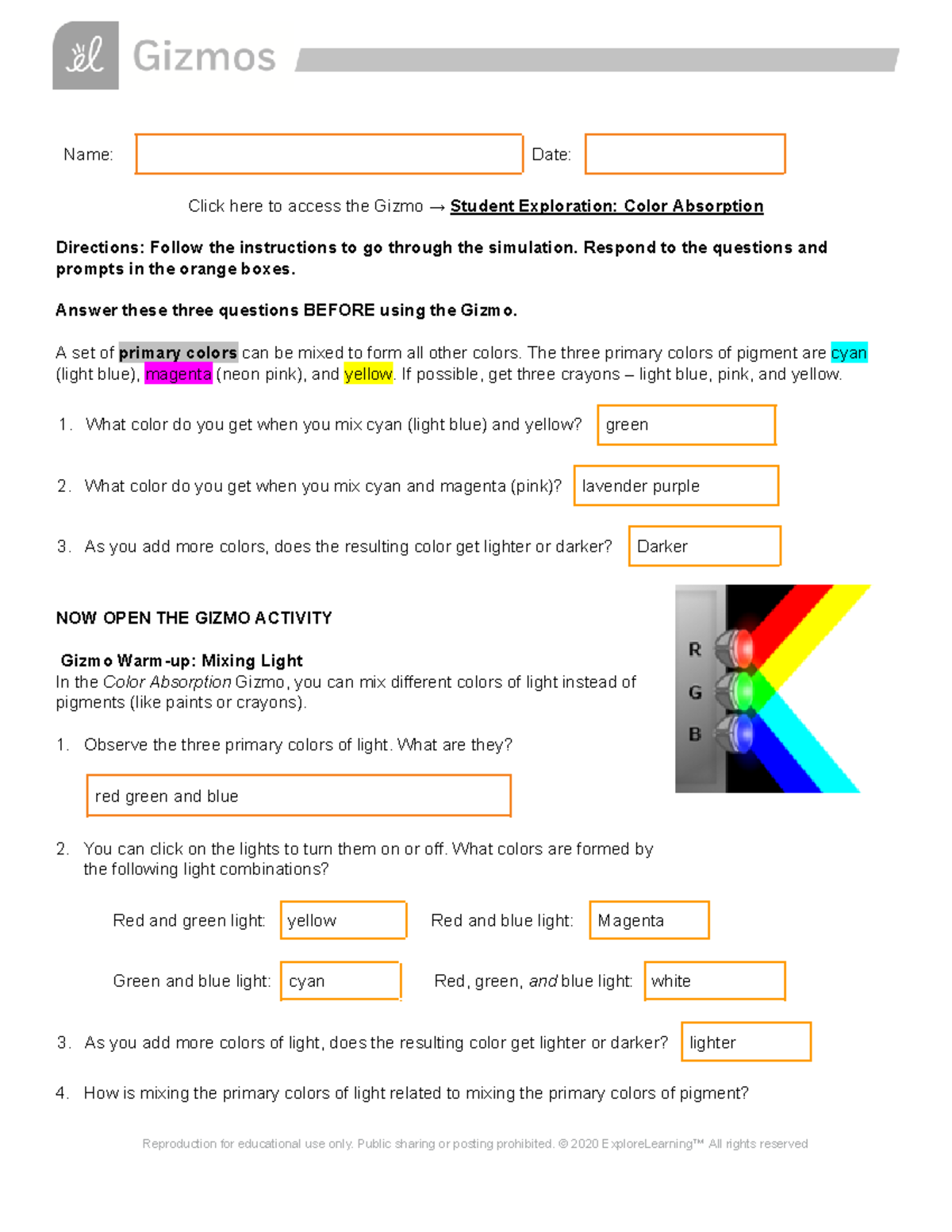 PHY 101 - Student Exploration: Color Absorption Gizmo Guide - Studocu