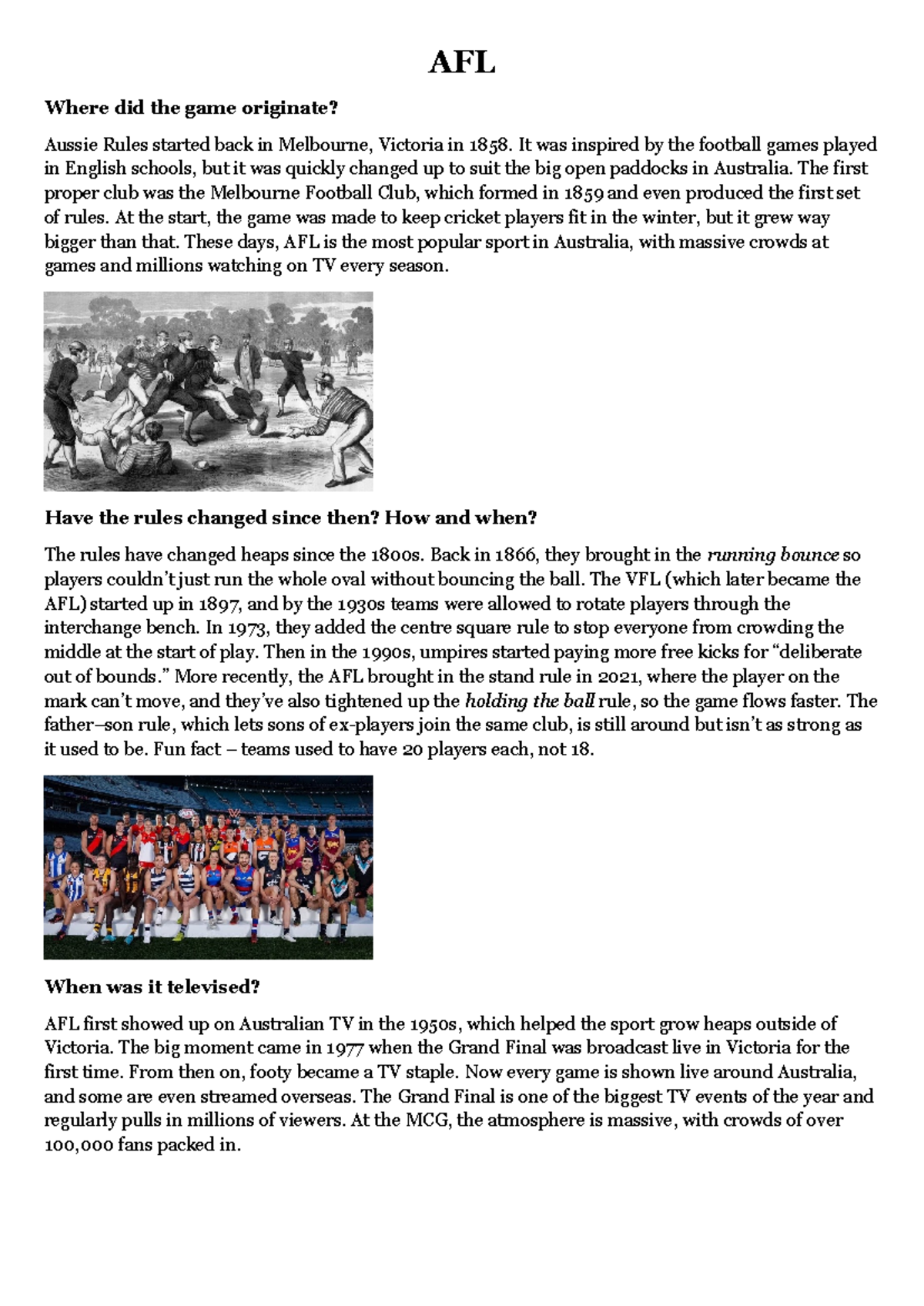 AFL Origins, Rule Changes, and Player Safety Insights - Studocu