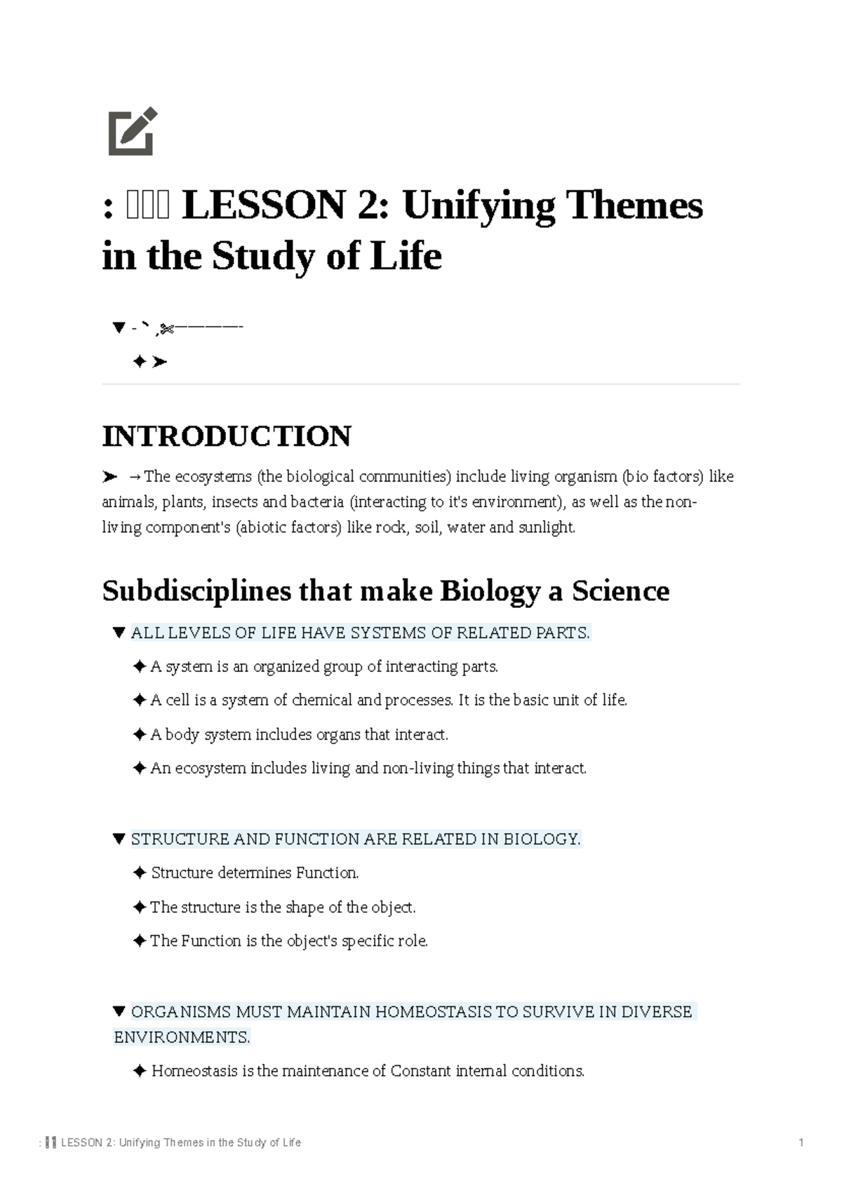 Lesson 2: Unifying Themes in Biology and Ecosystems (BIO101) - Studocu