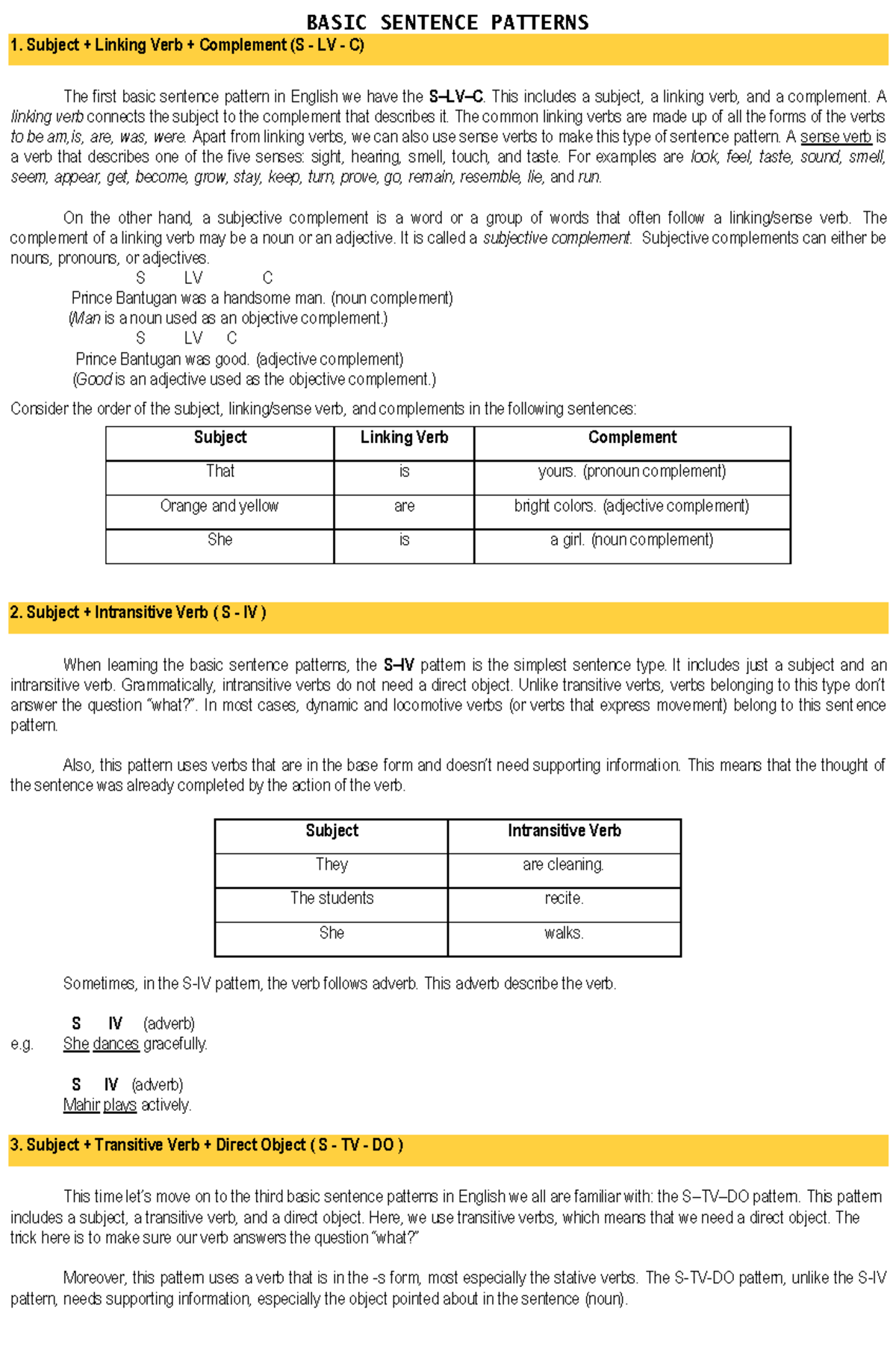 Basic Sentence Patterns: S LV C, S IV, and S TV DO Explained - Studocu