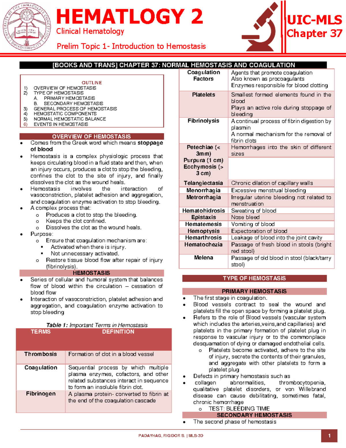 HEMATOLOGY 2 Prelim Topic: Introduction to Hemostasis and Coagulation ...