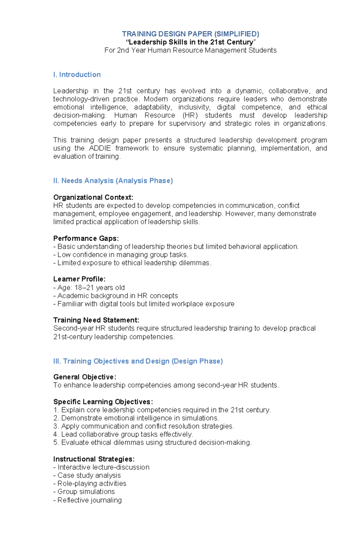 Training Design Paper: Leadership Development for HRM 2nd Year Students ...