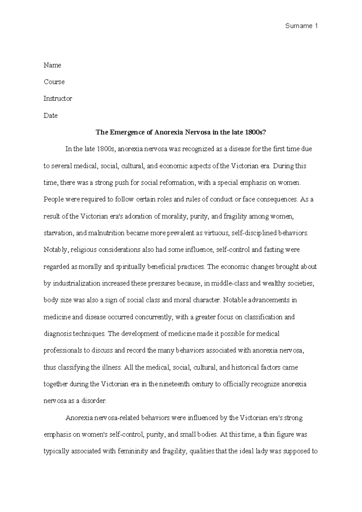 The Emergence of Anorexia Nervosa: A Victorian Perspective (HIST 101 ...