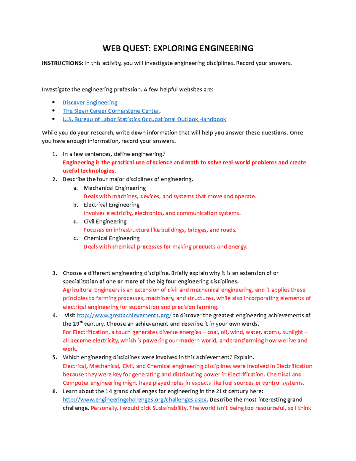 ENGR101 Web Quest: Exploring Engineering Disciplines and Careers - Studocu