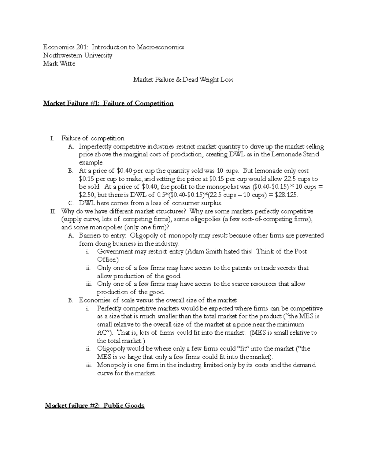 Econ 201 Lecture Notes: Market Failures and Deadweight Loss Analysis ...
