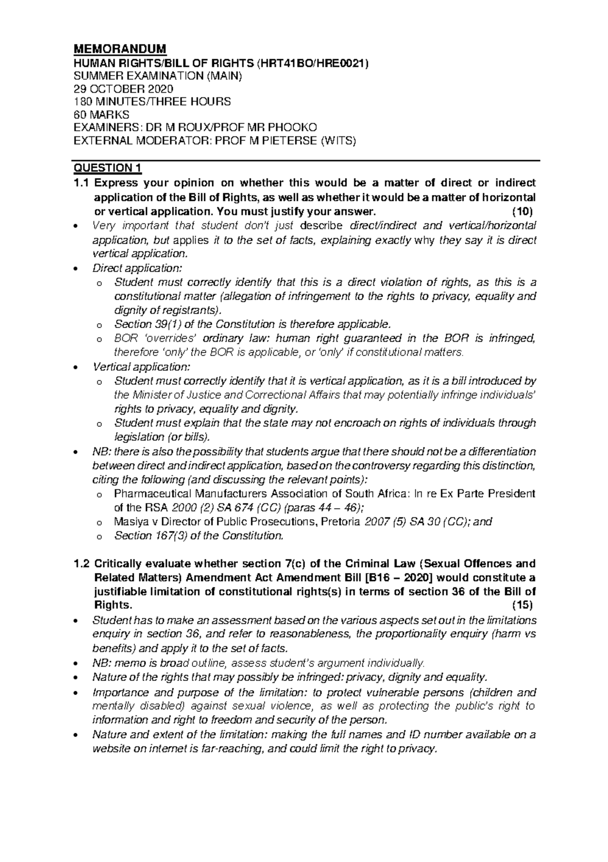 HRT41BO/HRE0021 Summer Exam Memo 2020: Human Rights Analysis - Studocu
