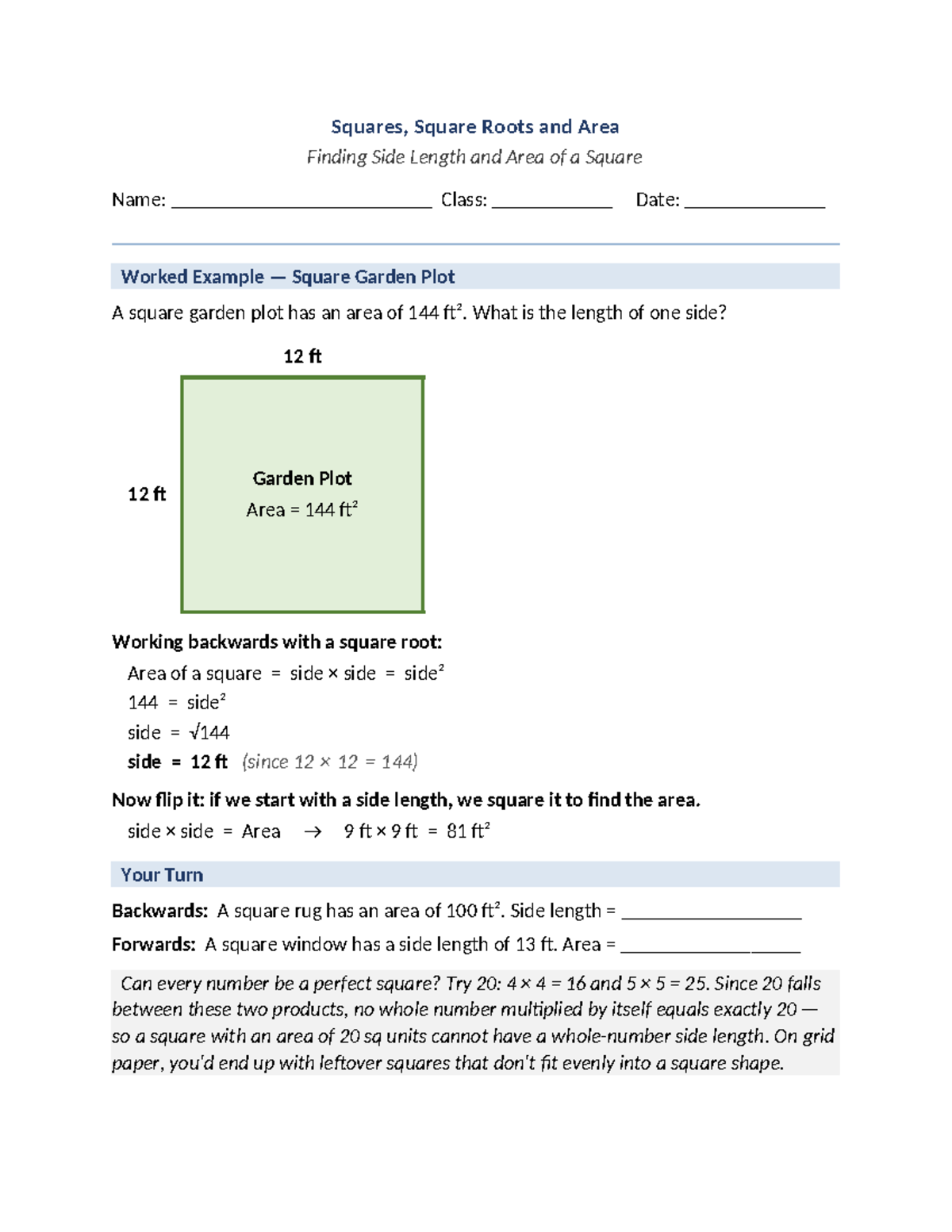 Day 2 - Squares & Square Roots: Finding Side Length & Area - Studocu
