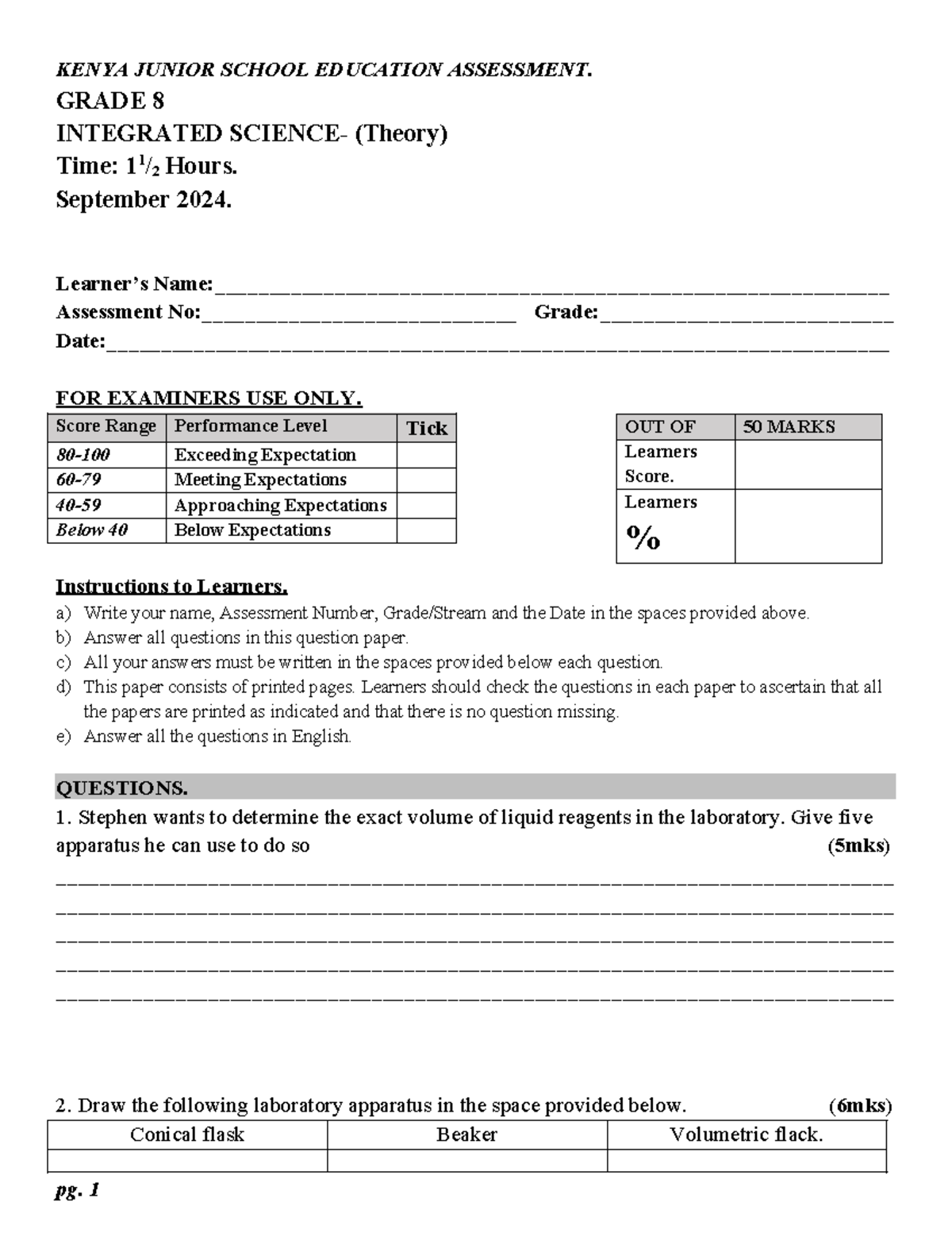 KENYA GRADE 8 INTEGRATED SCIENCE ASSESSMENT - SEPT 2024 - Studocu
