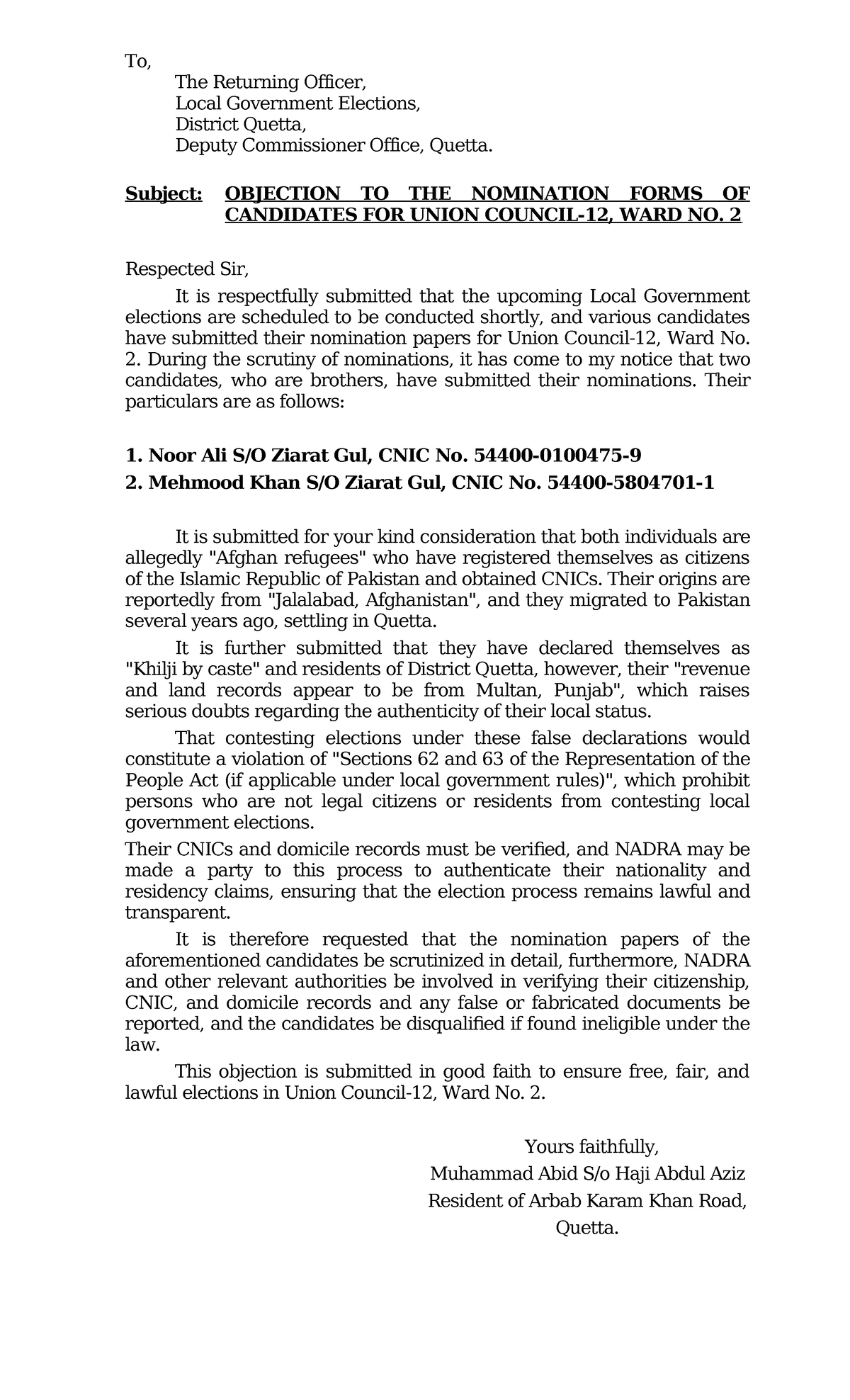 Objection to Nomination Forms for Union Ward No. 2 - Quetta - Studocu