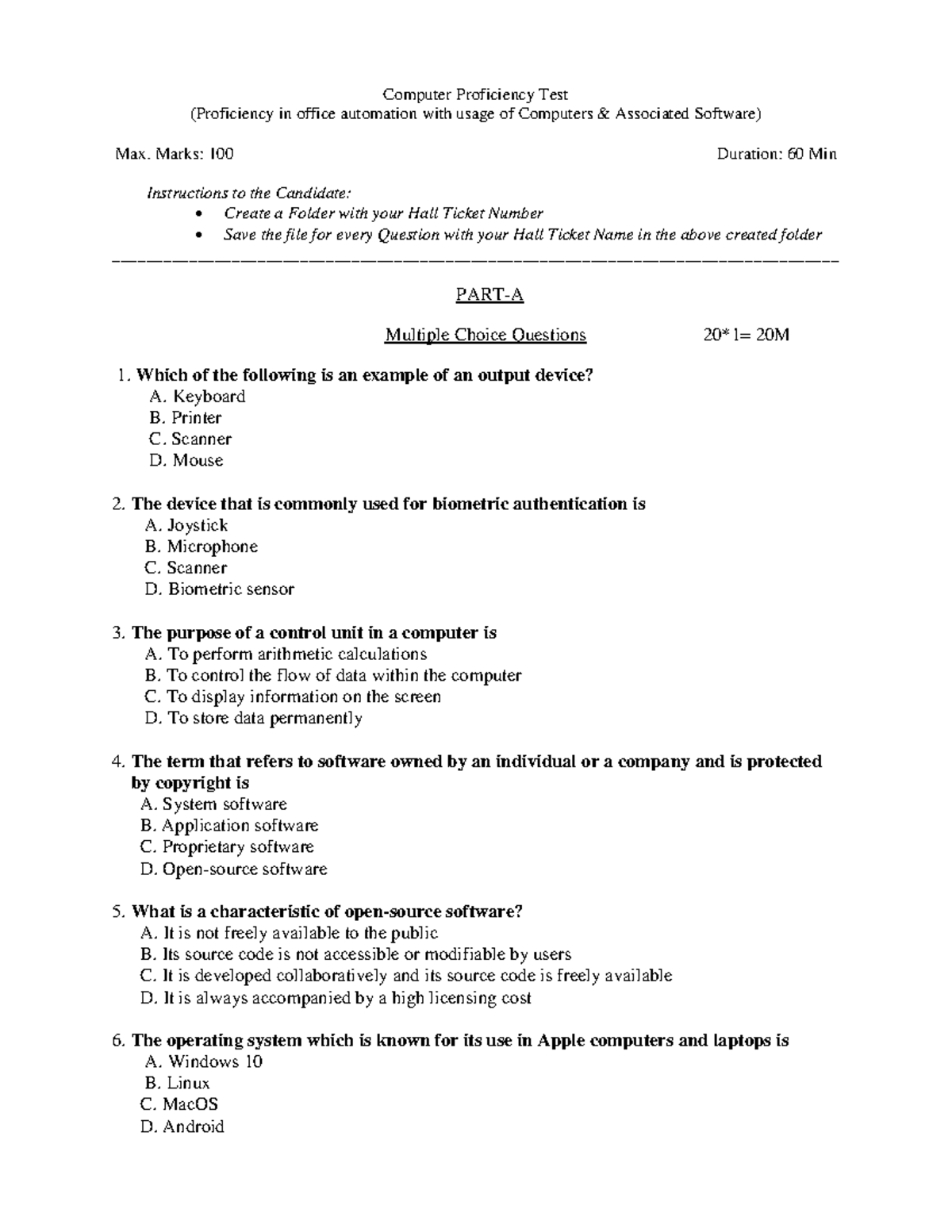 CPT Model Question Paper - Computer Proficiency Test (05/02/2024) - Studocu