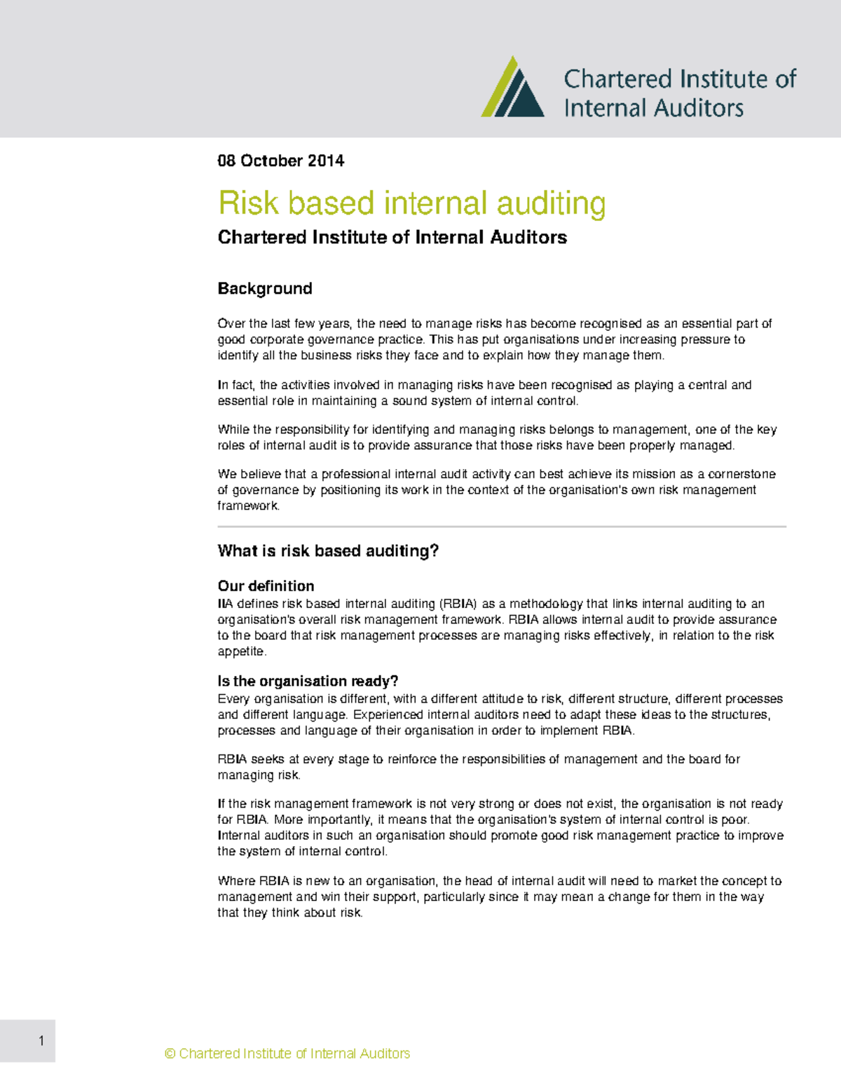 Risk Based Internal Auditing - 08 October 2014 Risk based internal ...