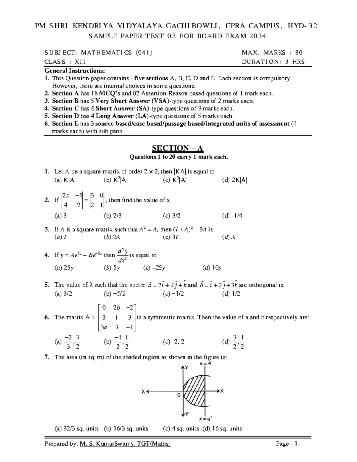 Maths Class XII Sample Paper Test 02 for Board Exam 2024 (041) - Studocu