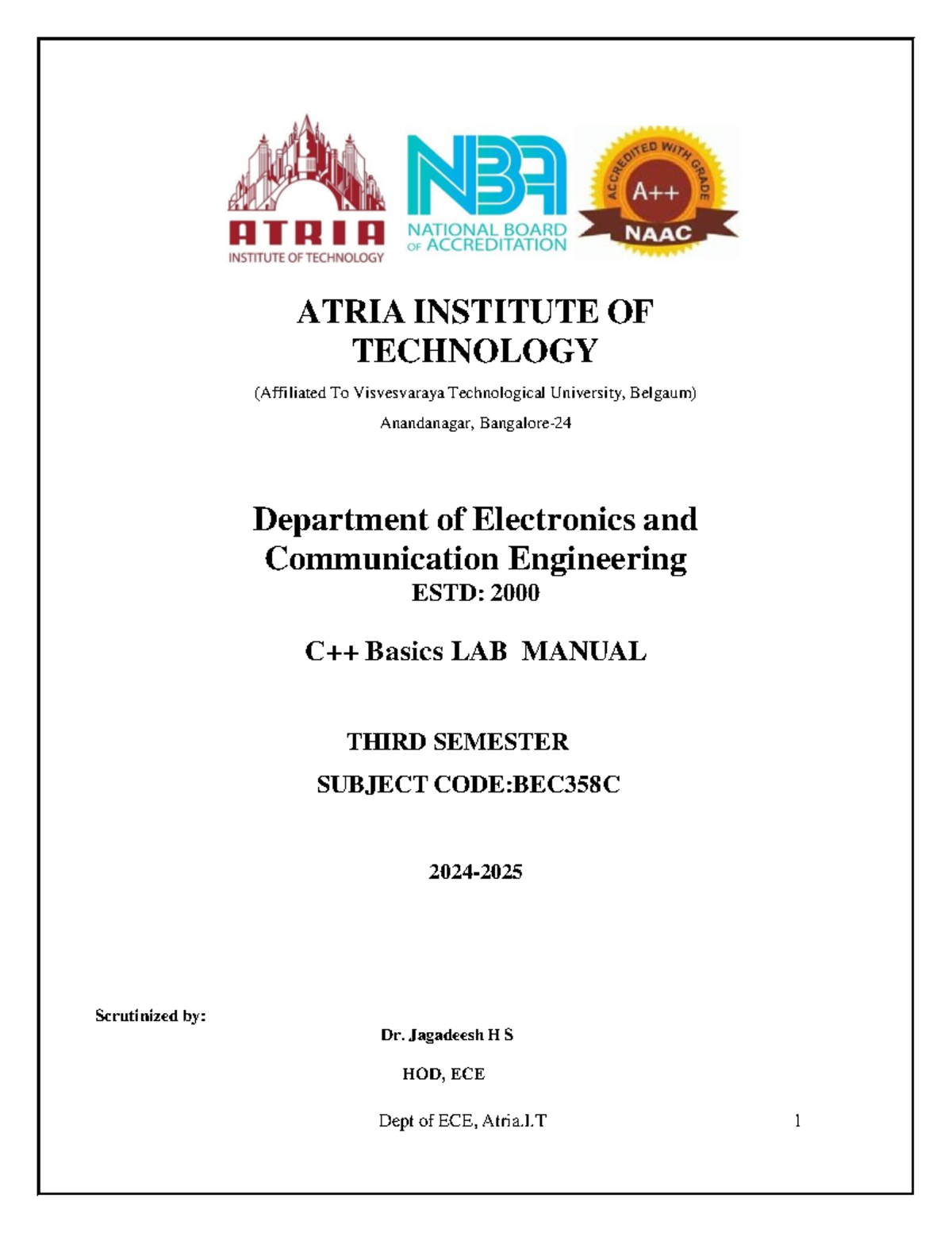 C++ Basics LAB Manual (BEC358C) for 3rd Semester ECE 2024-25 - Studocu