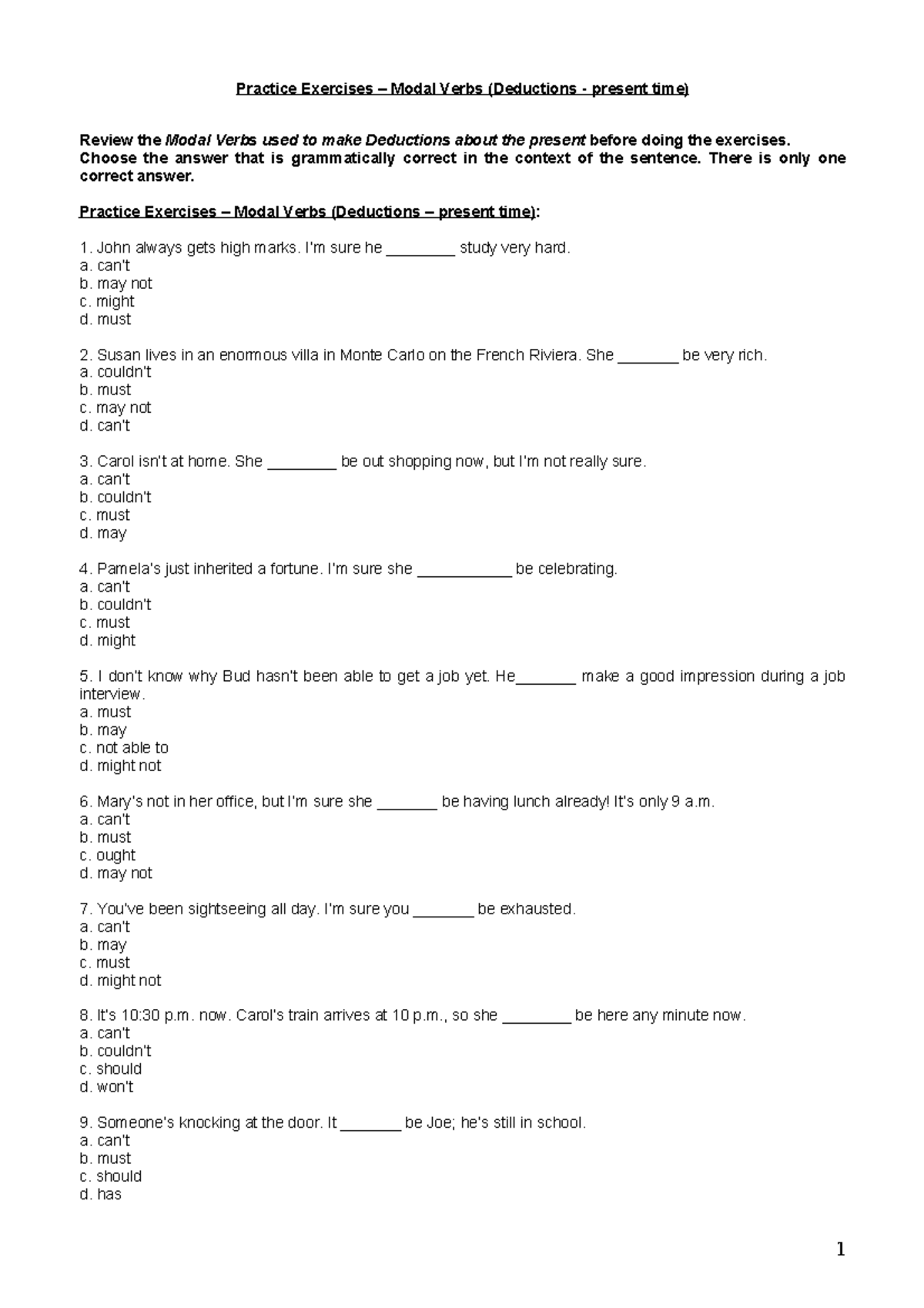 16 Practice Exercises on Modal Verbs: Deductions (Present Time) - Studocu