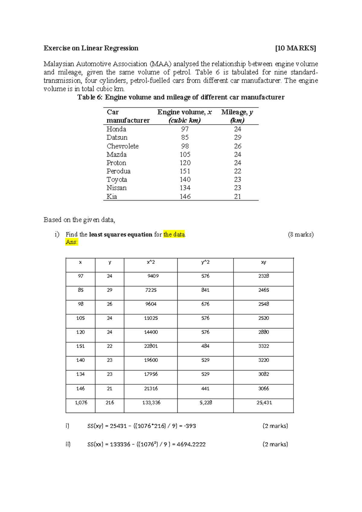 Exercise on Linear Regression Analysis [10 MARKS] - Studocu
