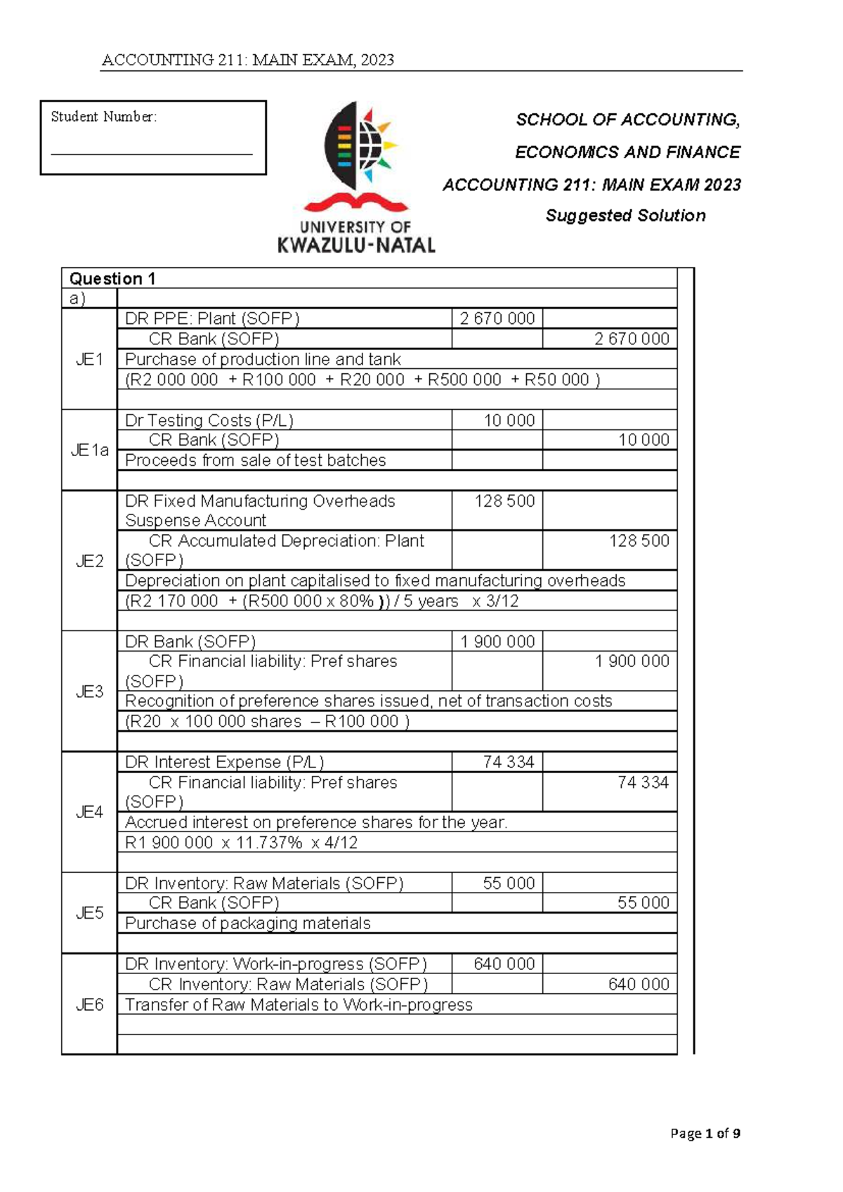 ACCOUNTING 211: MAIN EXAM SOLUTIONS, 2023 - DETAILED ANALYSIS - Studocu