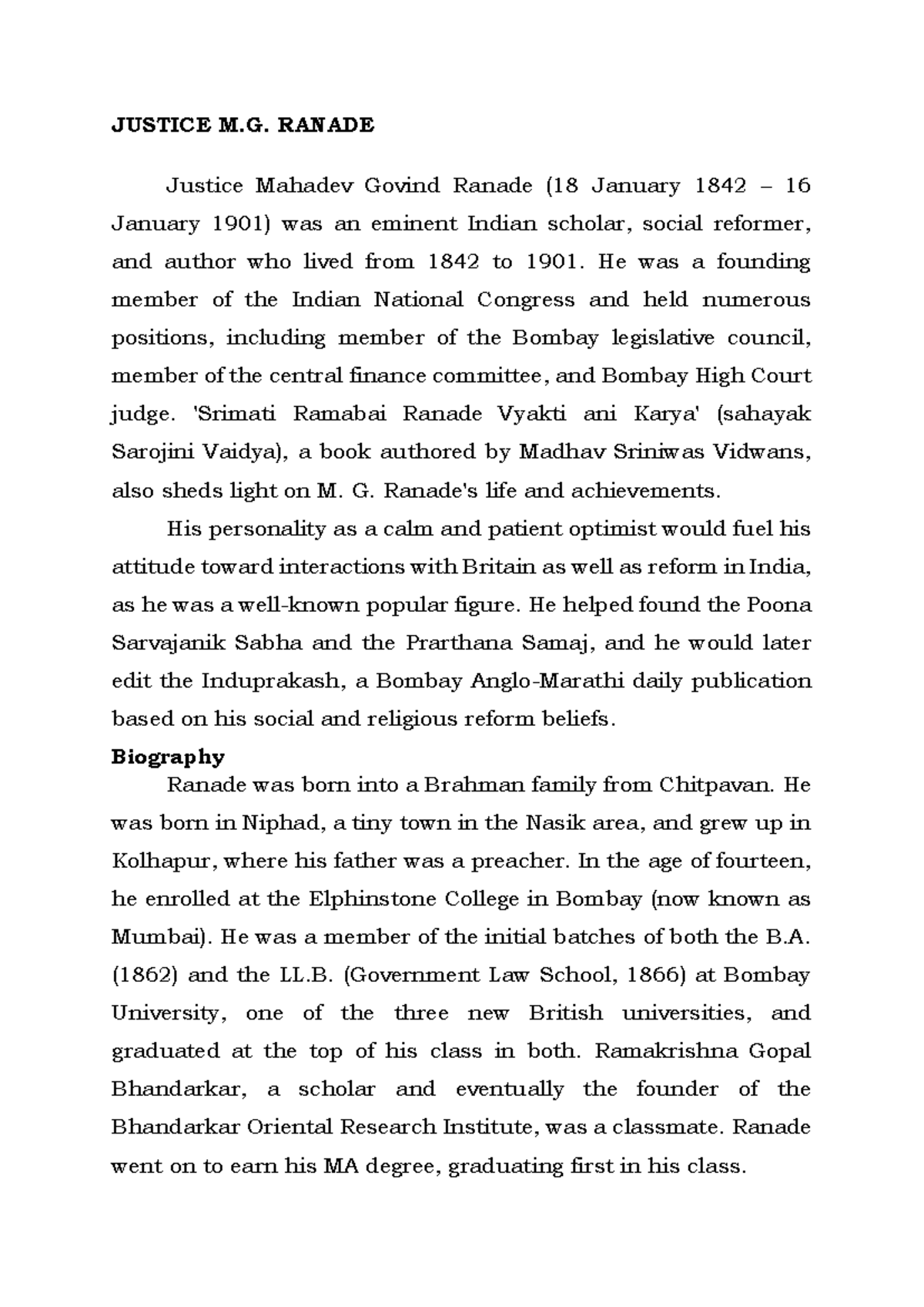 Justice M.G. Ranade: His Life, Reforms, and Political Thought - Studocu