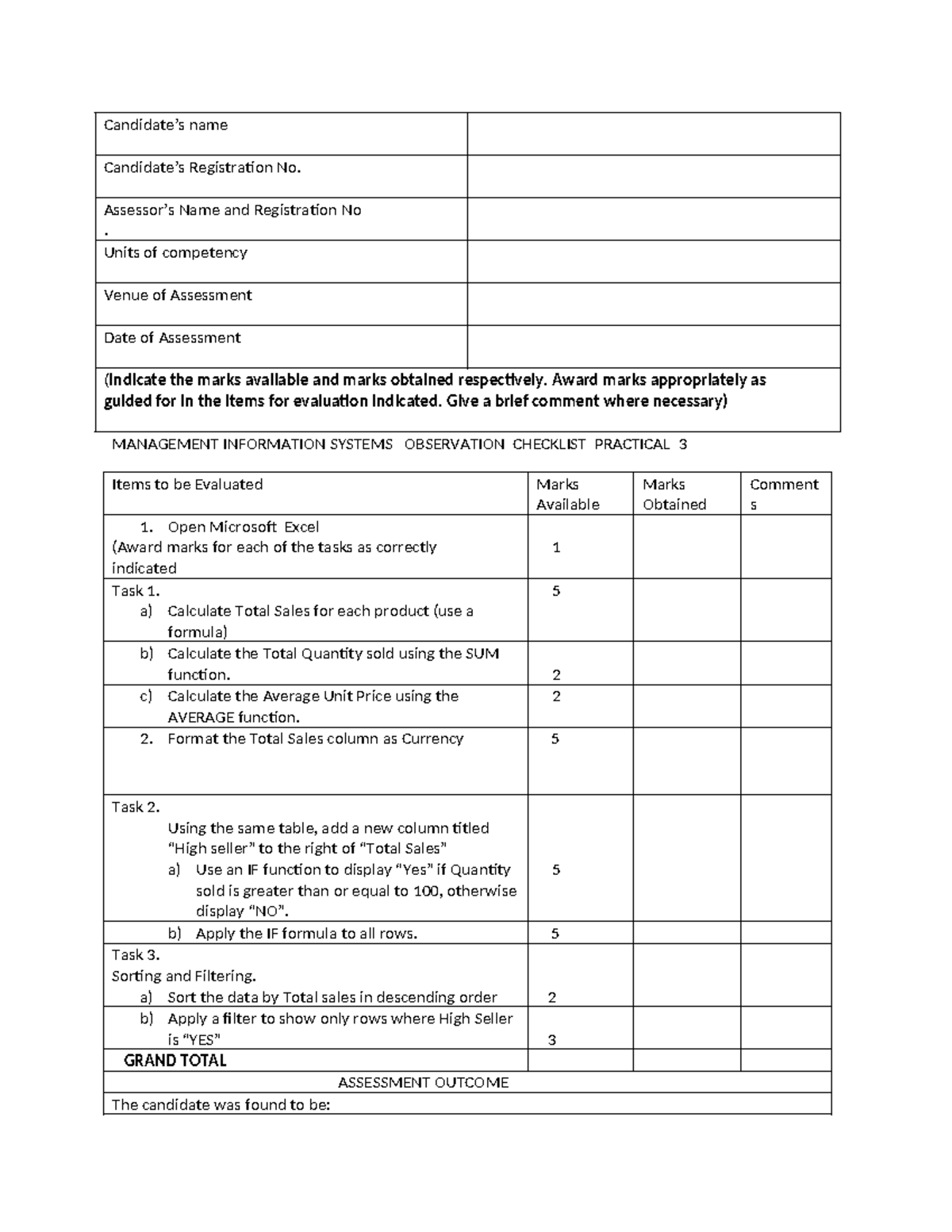 MIS 101: Practical Assessment Checklist for Excel Tasks - Studocu