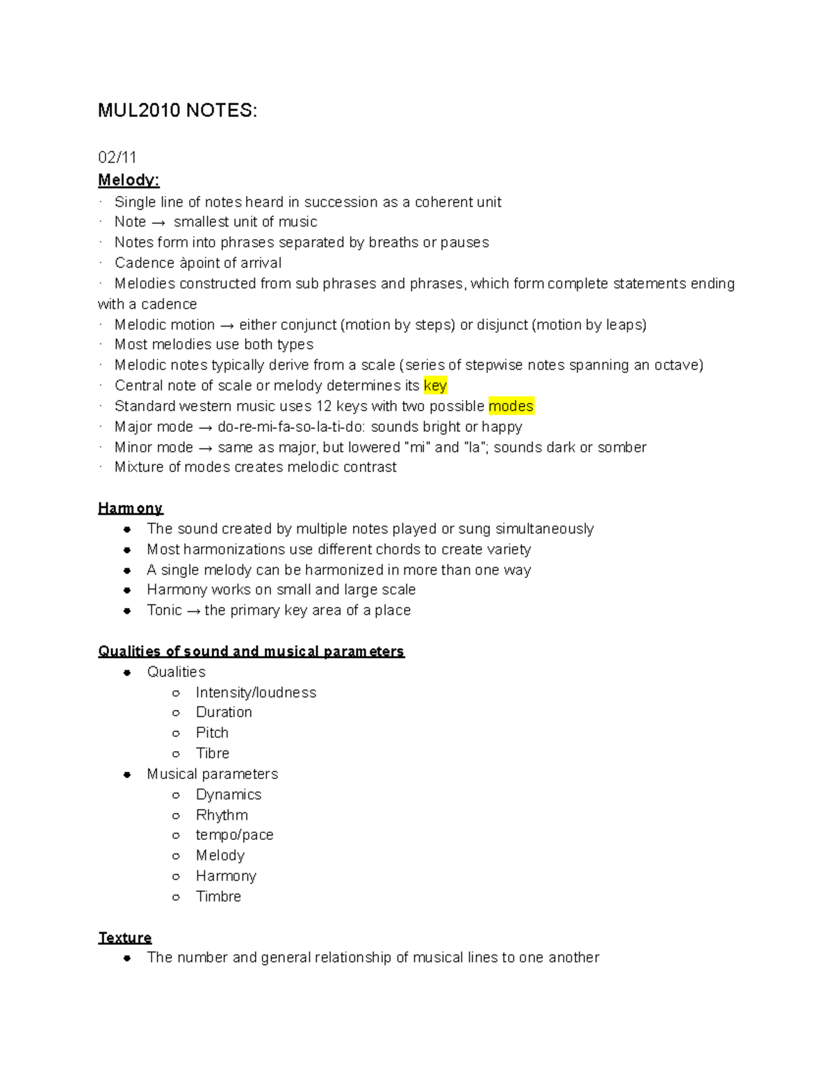 MUL2010 Lecture Notes - MUL2010 NOTES: 02/ Melody: · Single line of ...