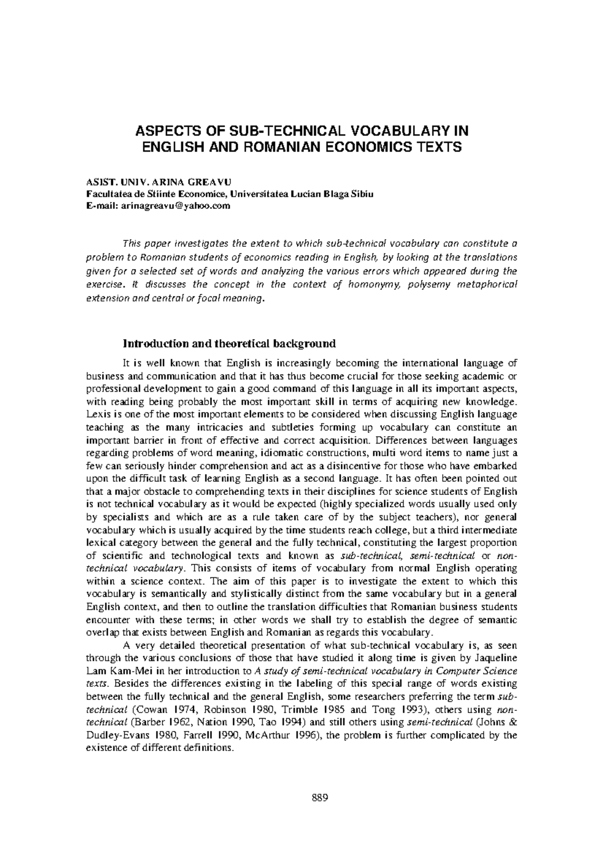 ASPECTS OF SUB-TECHNICAL VOCABULARY IN ECONOMICS TEXTS (ECON 101) - Studocu