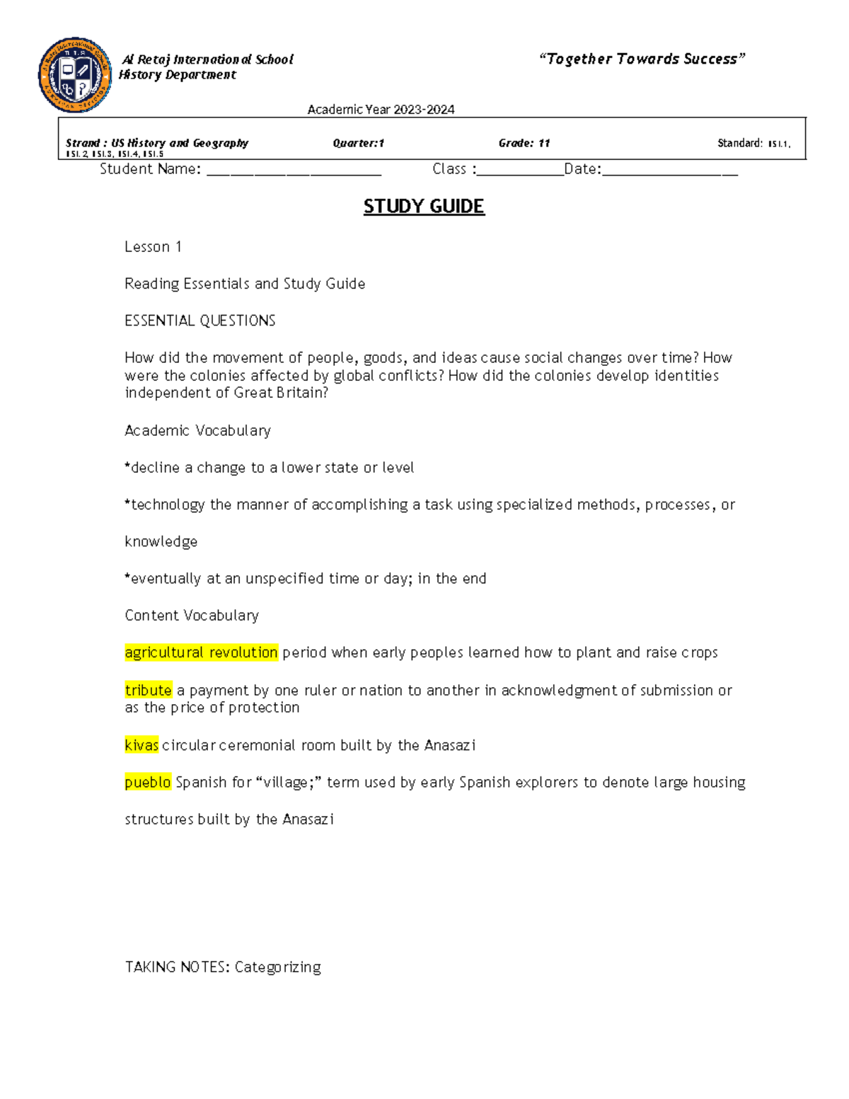G11US Q1 History Study Guide: Key Concepts in US History and Geography ...