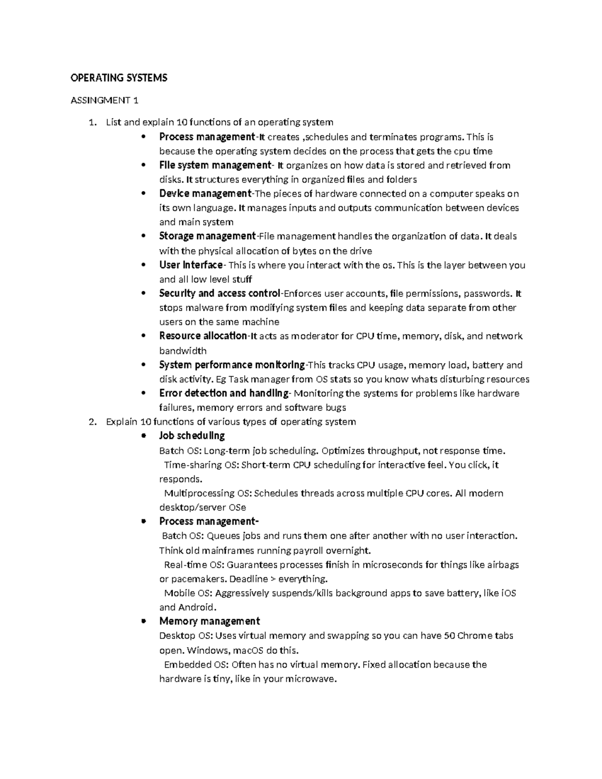 Operating Systems Assignment 1: Key Functions and Management Techniques ...