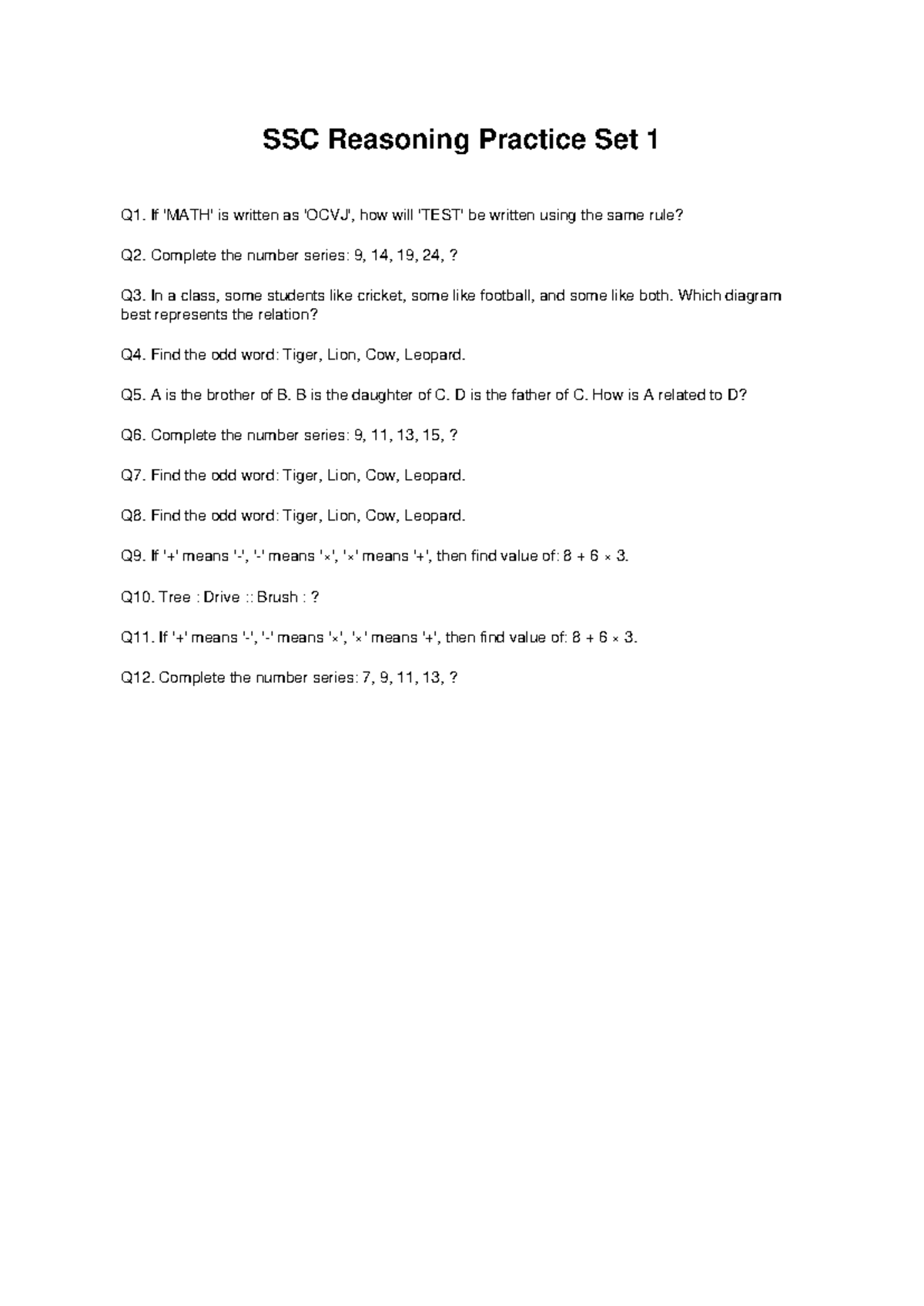 SSC Reasoning Practice Set 1: Questions and Solutions - Studocu