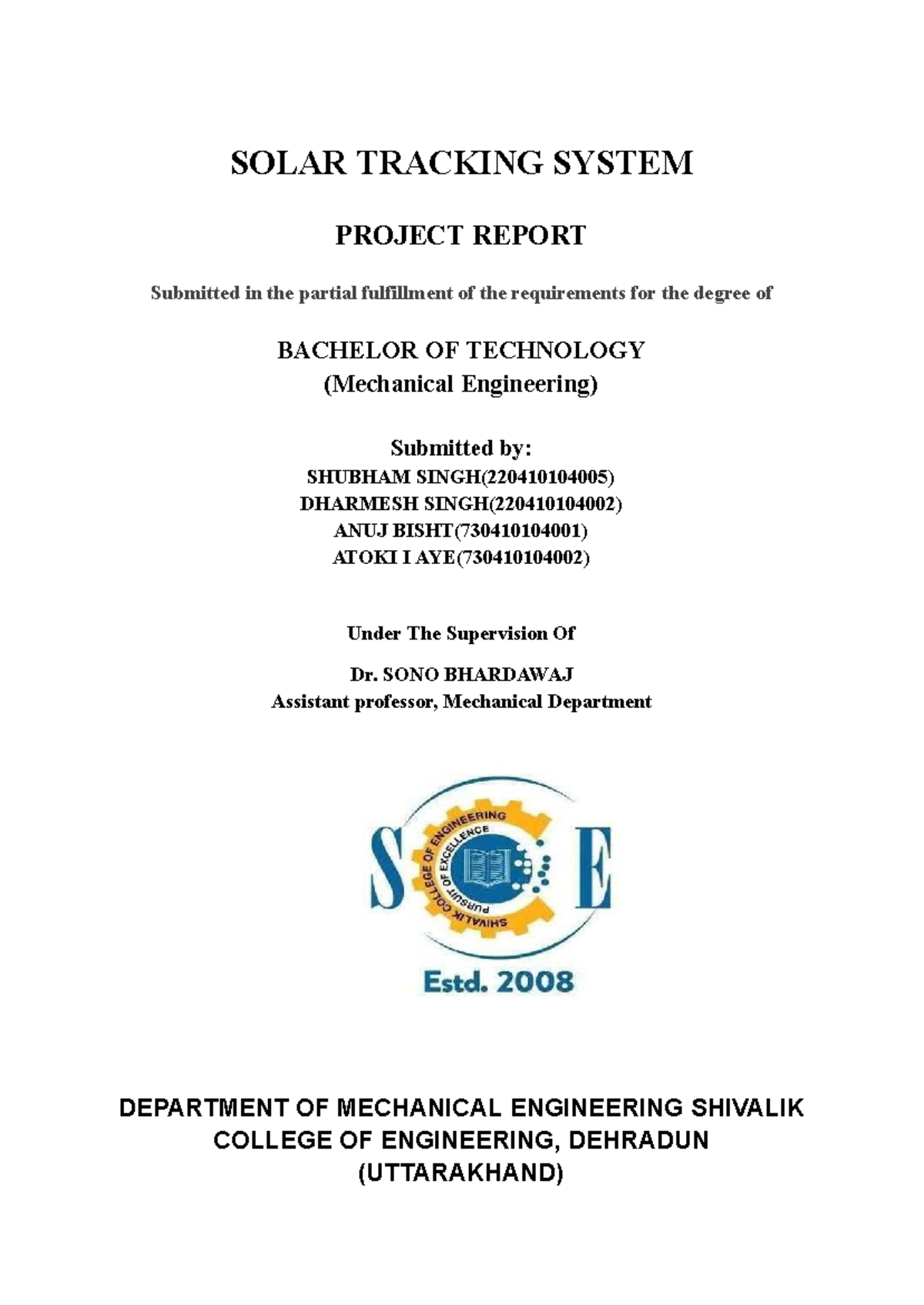 Solar Tracking System Project Report - B.Tech (Mechanical Engg) - Studocu
