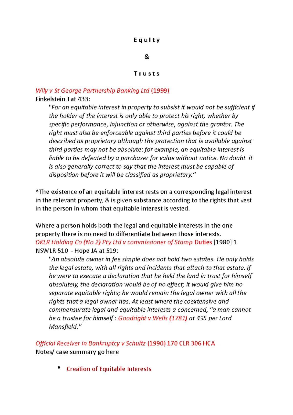 Final Exam Notes on Equity & Trusts (CSU Law NSW) - Studocu