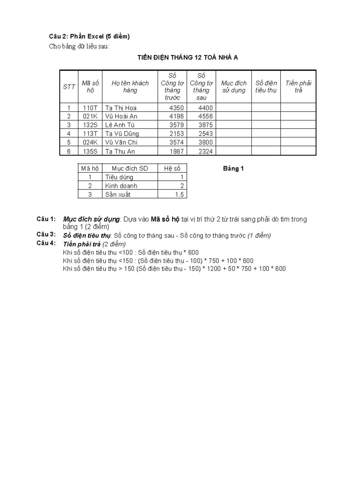 Bài Tập Excel: Tính Toán Tiền Điện và Lương Nhân Viên - Studocu