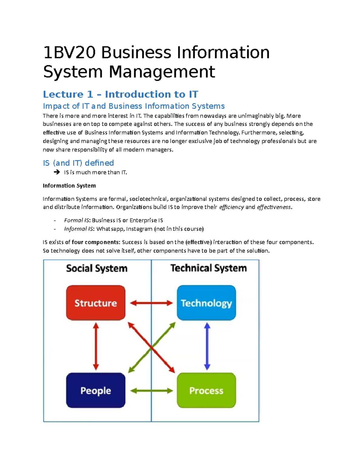 1BV20 Samenvatting Lecture Notes on Business Information Systems ...