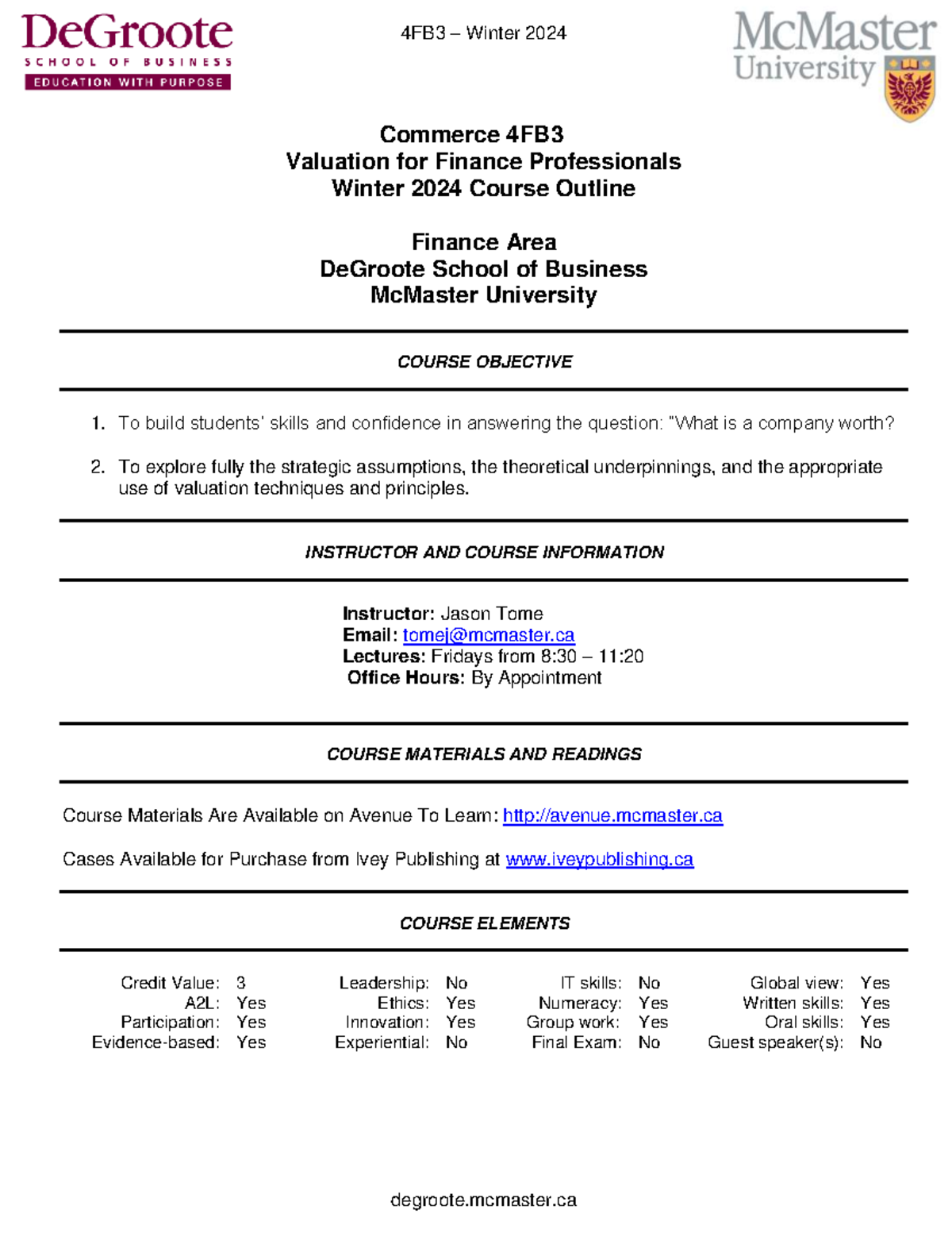 4FB3 Winter 2024 Course Outline: Valuation for Finance Professionals ...