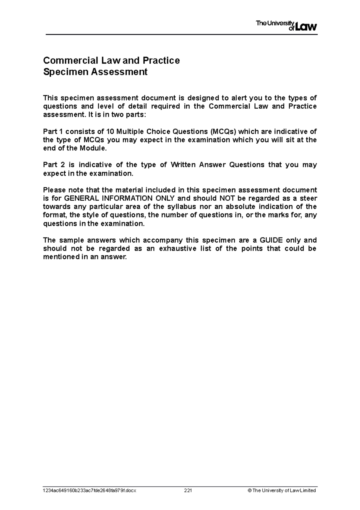 Commercial Law LPC Specimen Assessment: MCQs & Written Answers - Studocu