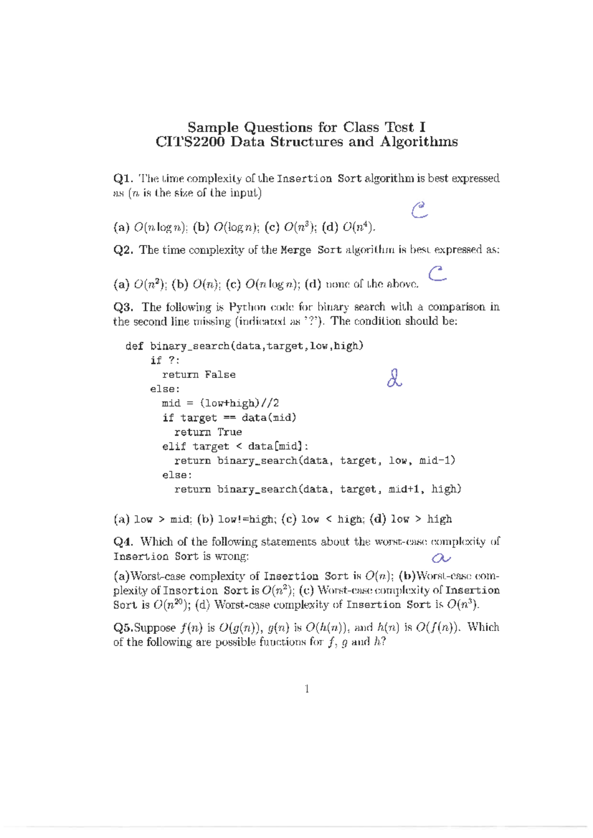 Sample Class Test I CITS2200 Data Structures & Algorithms - Studocu