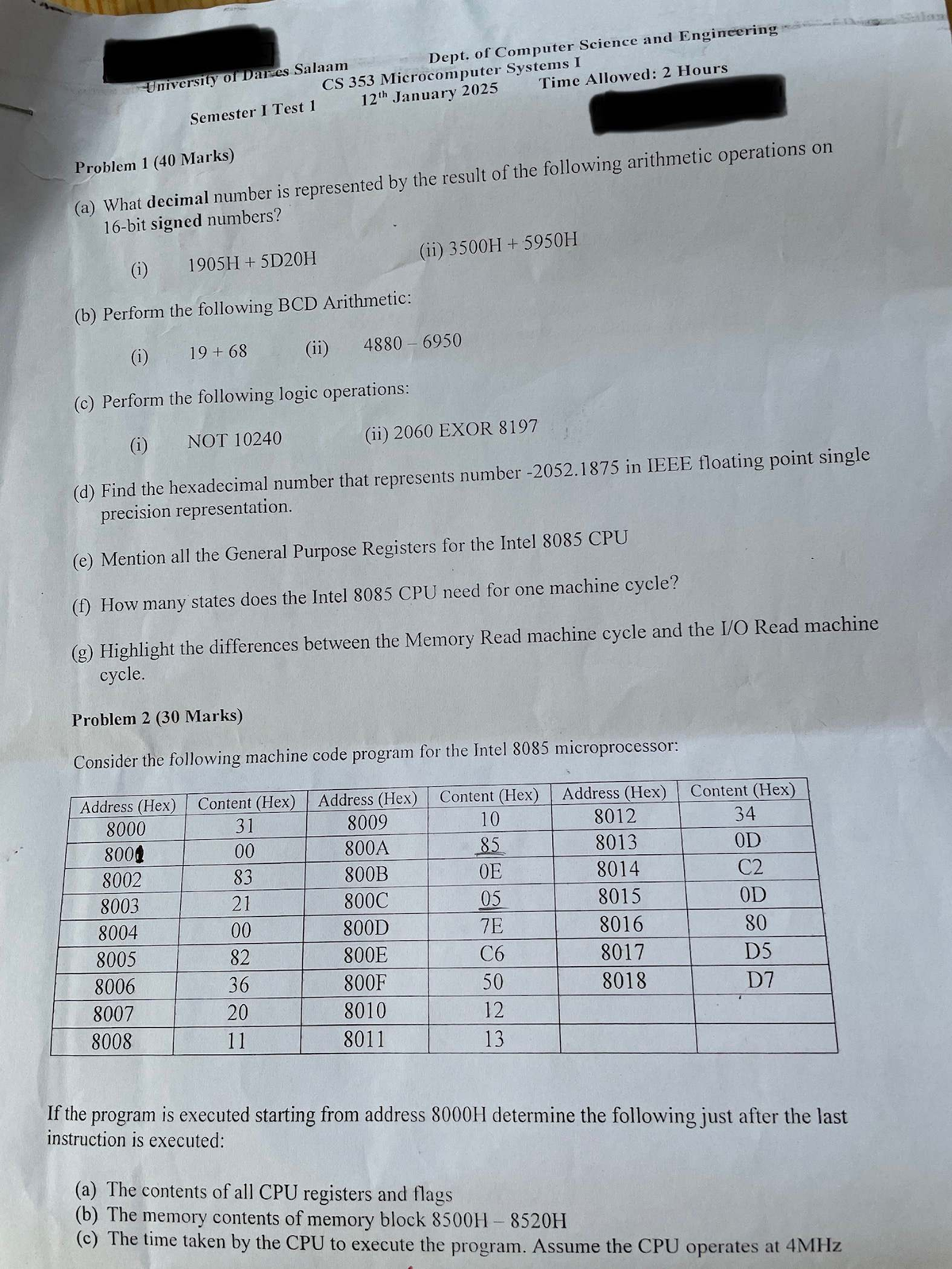 CS 353 Microcomputer Systems Test 1 Past Paper 2024 - Studocu
