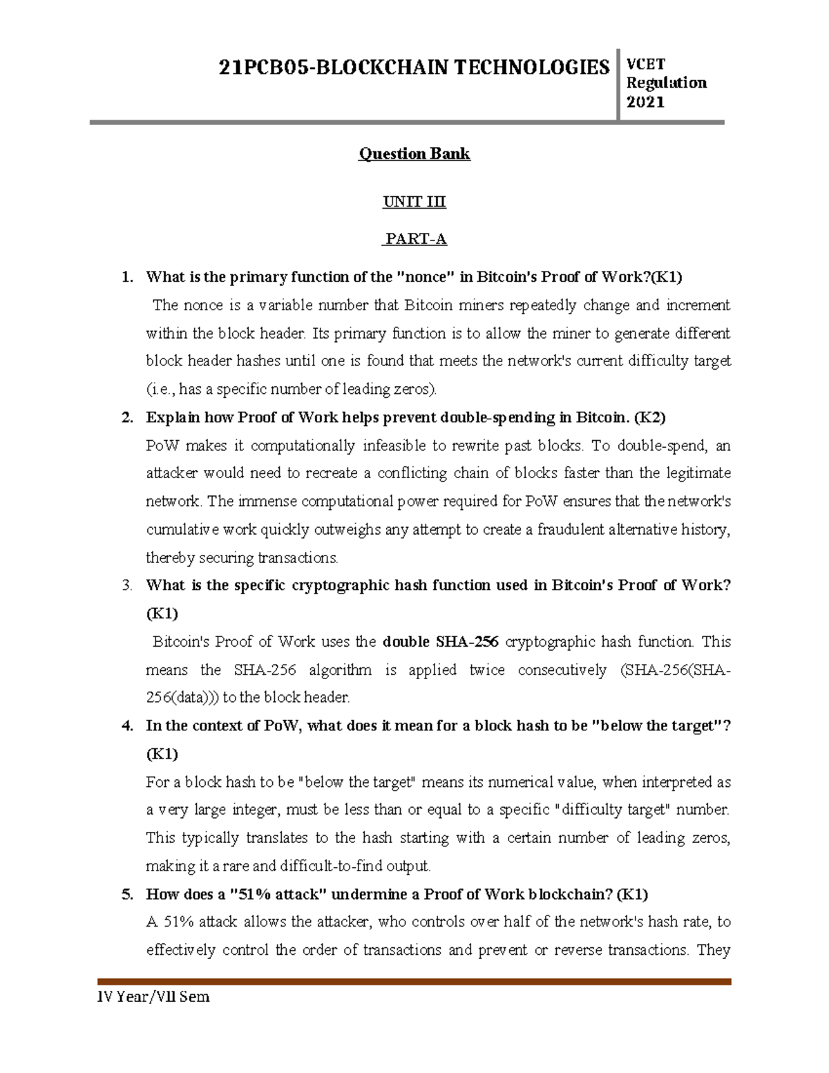IV Sem TECHNOLOGIES VCET Regulation 2021 Question Bank for Units 3 & 4 ...