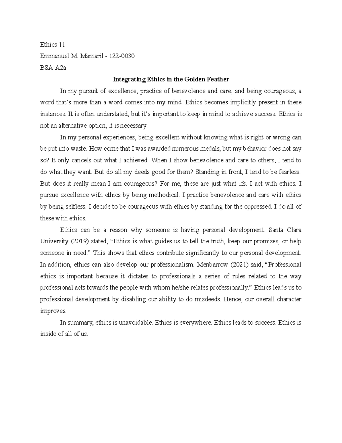 Ethics 11 - Reflection Paper - Ethics 11 Emmanuel M. Mamaril - 122- BSA ...