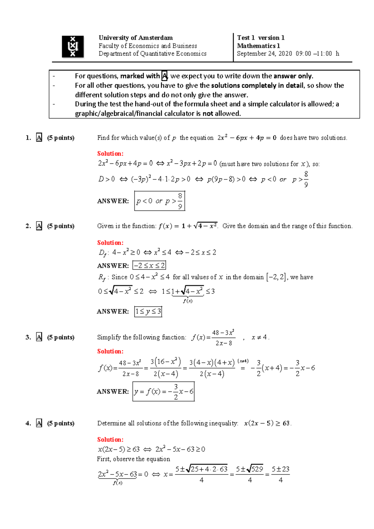 Mathematics 1 Midterm Solutions - September 2020 Exam - Studeersnel